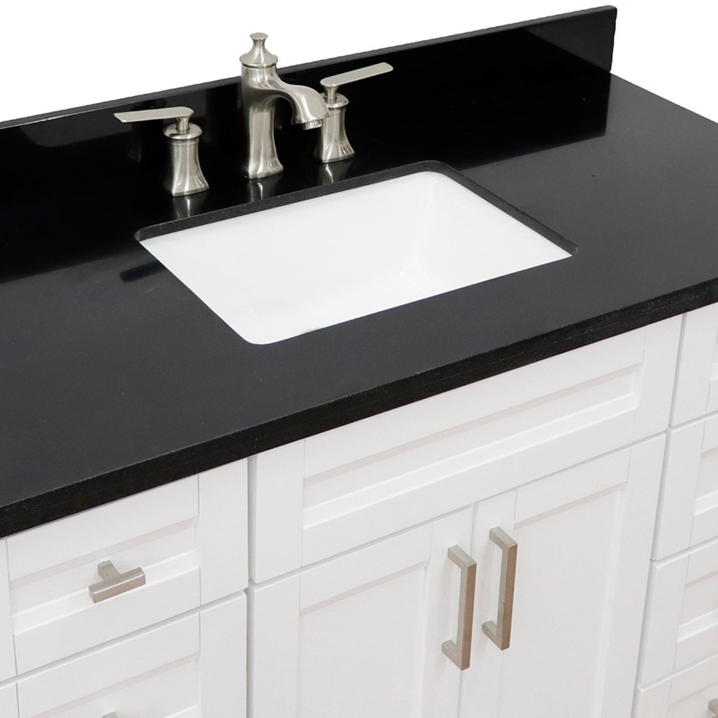 49" Single sink vanity in White finish with Black galaxy granite and rectangle sink