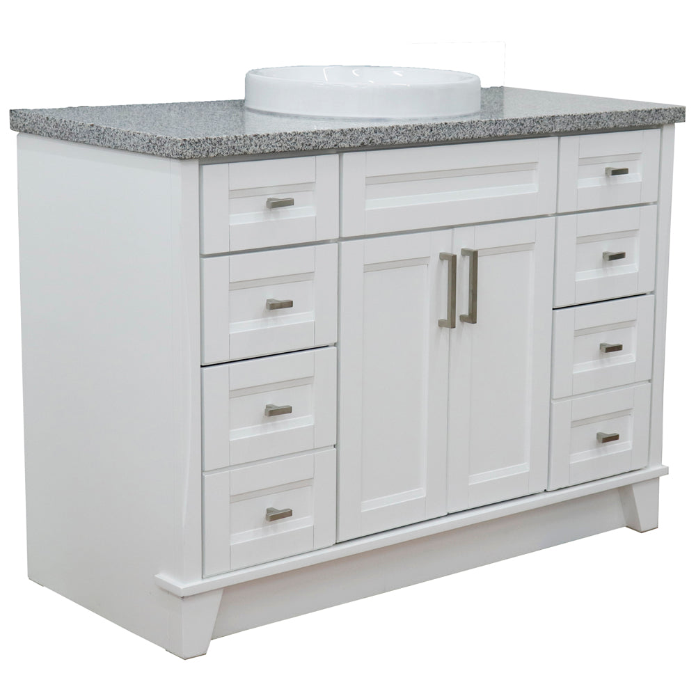 49" Single sink vanity in White finish with Gray granite and round sink