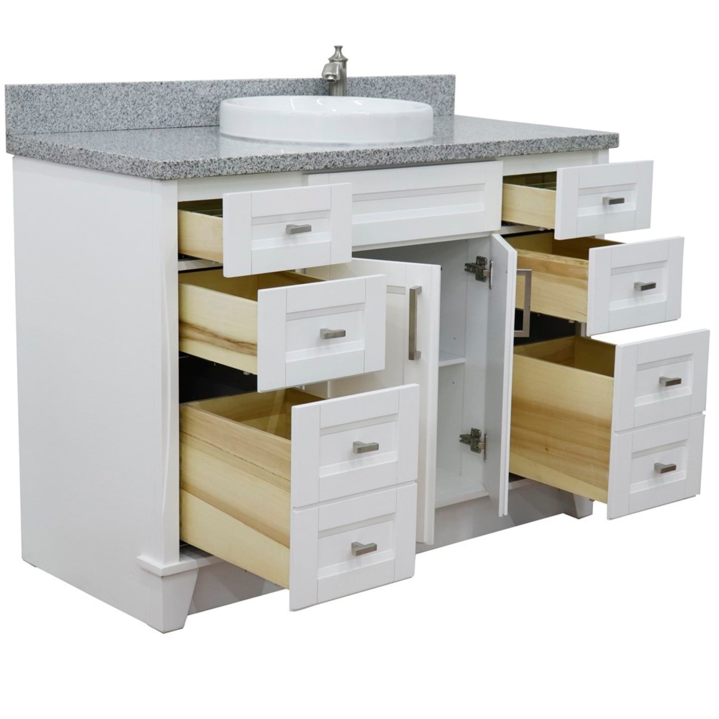 49" Single sink vanity in White finish with Gray granite and round sink