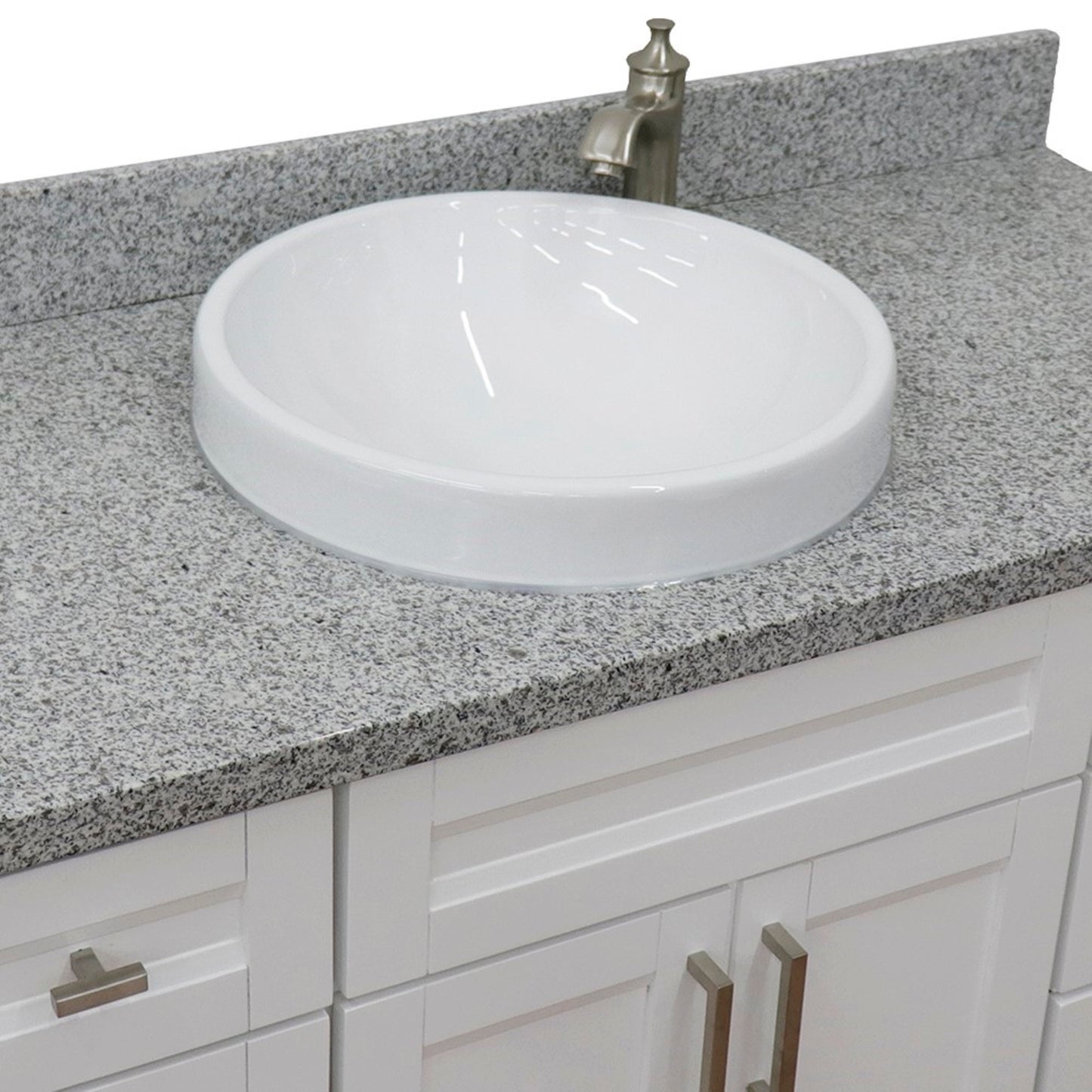 49" Single sink vanity in White finish with Gray granite and round sink
