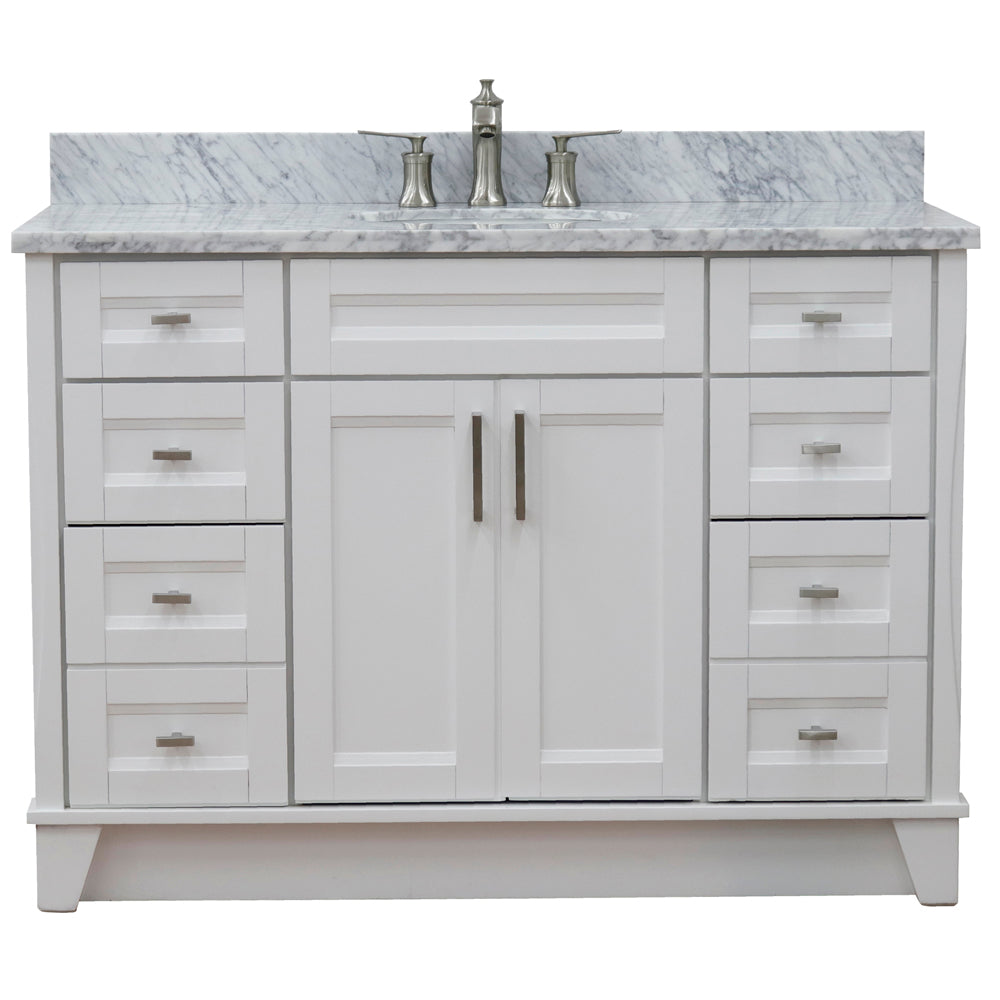 49" Single sink vanity in White finish with White Carrara marble and oval sink