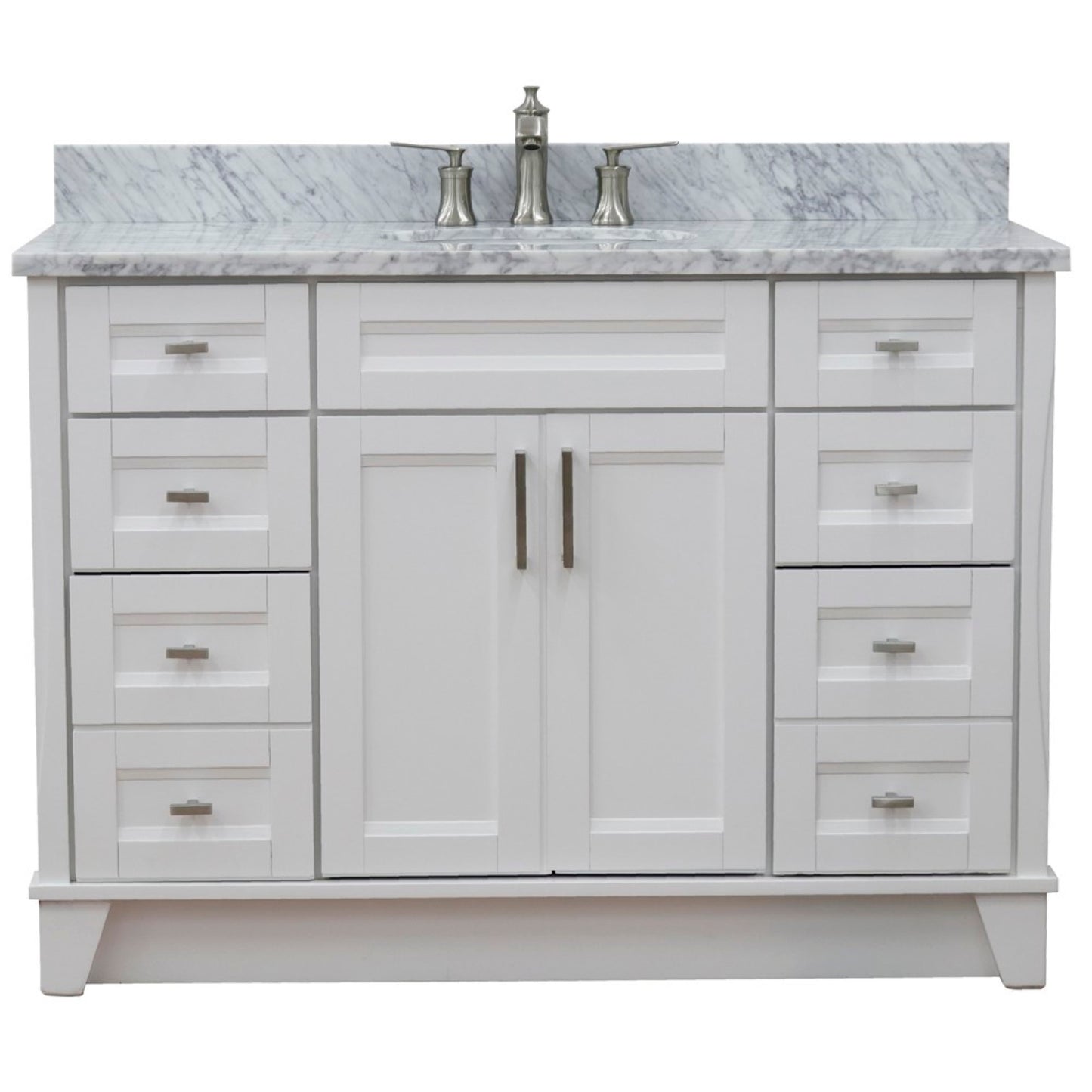 49" Single sink vanity in White finish with White Carrara marble and oval sink