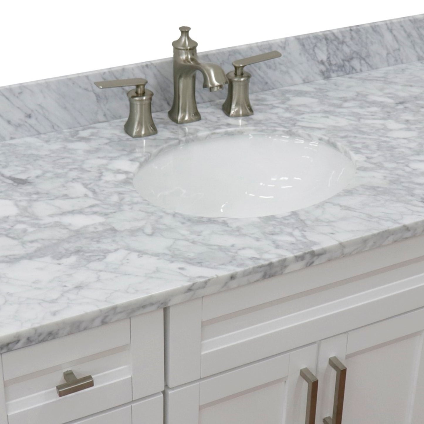 49" Single sink vanity in White finish with White Carrara marble and oval sink