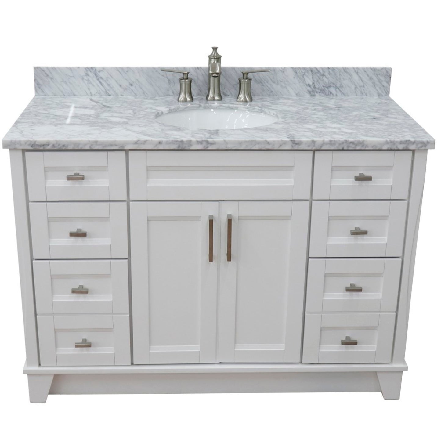 49" Single sink vanity in White finish with White Carrara marble and oval sink
