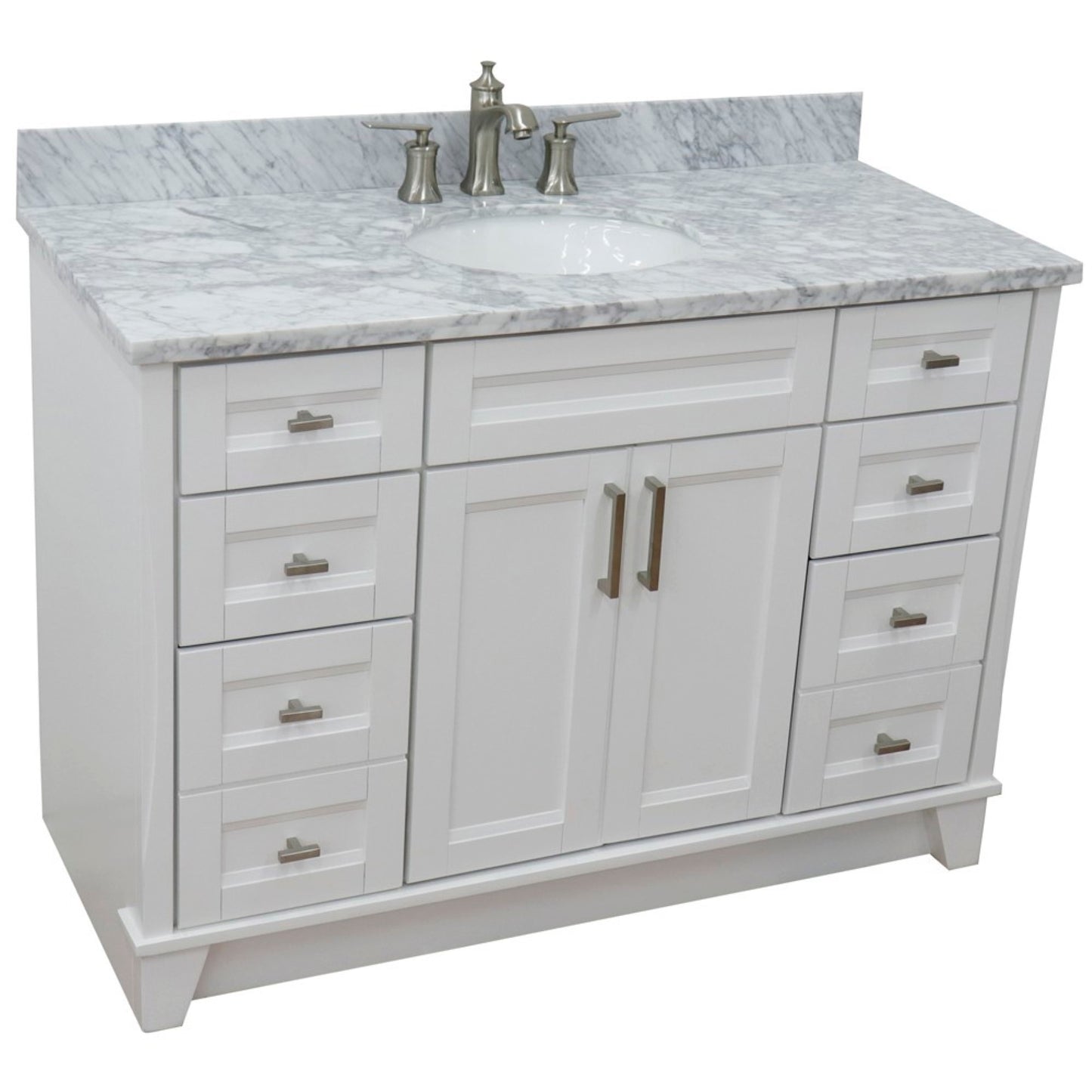 49" Single sink vanity in White finish with White Carrara marble and oval sink