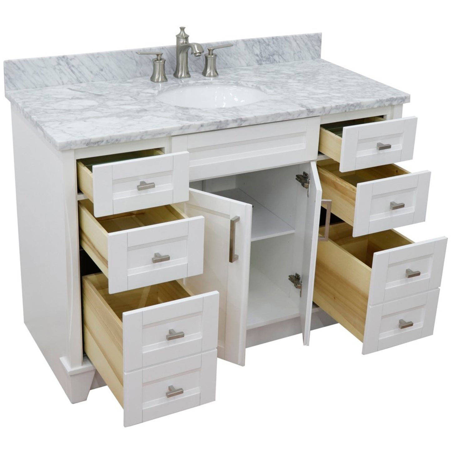 49" Single sink vanity in White finish with White Carrara marble and oval sink