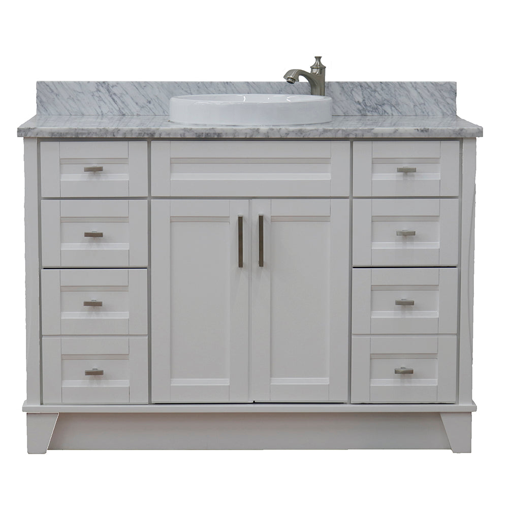 49" Single sink vanity in White finish with White Carrara marble and round sink
