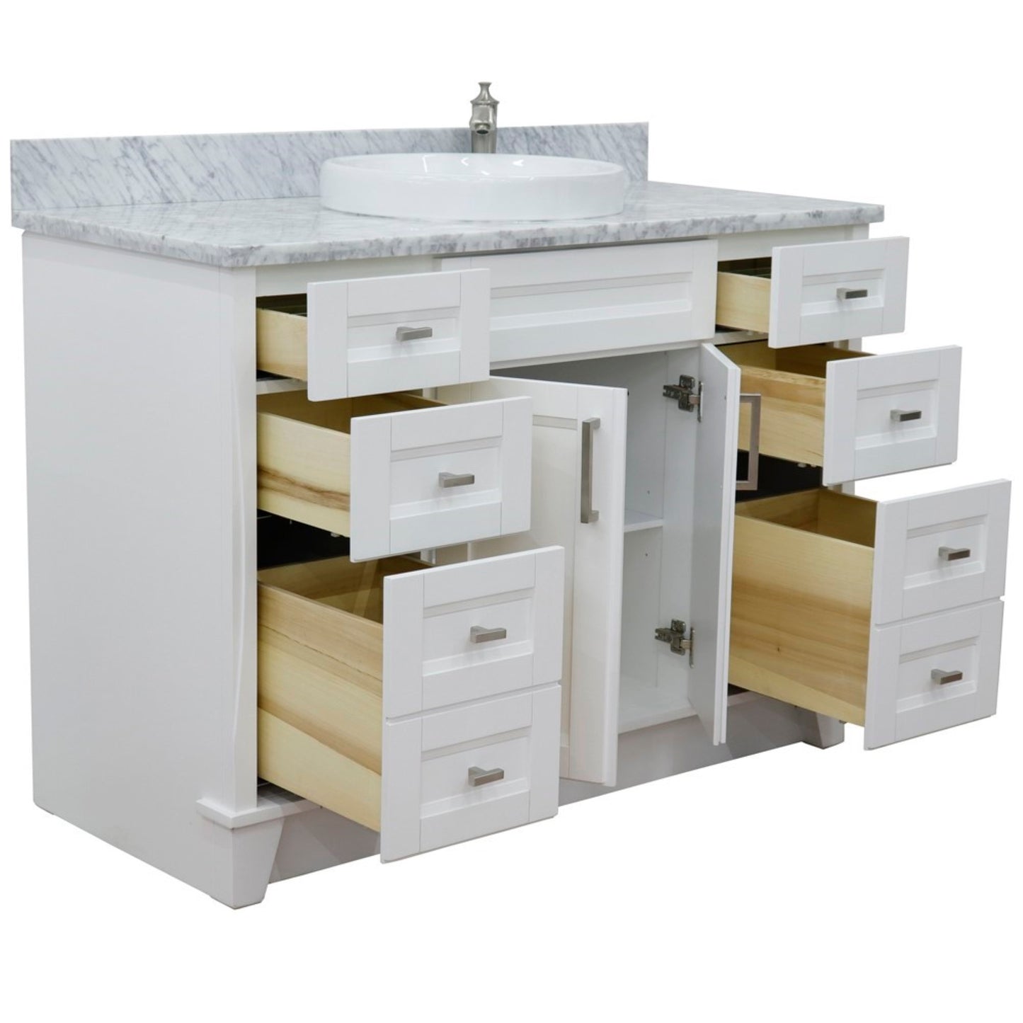 49" Single sink vanity in White finish with White Carrara marble and round sink