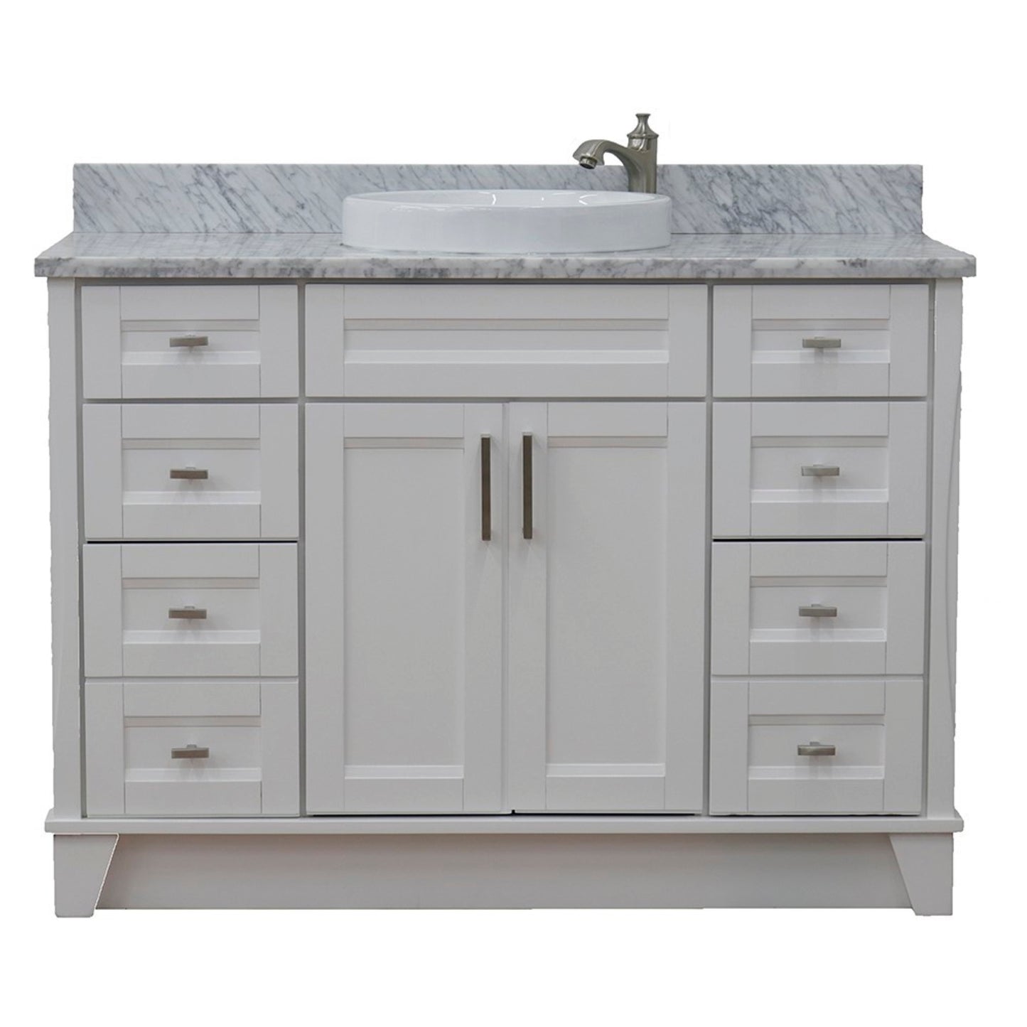 49" Single sink vanity in White finish with White Carrara marble and round sink