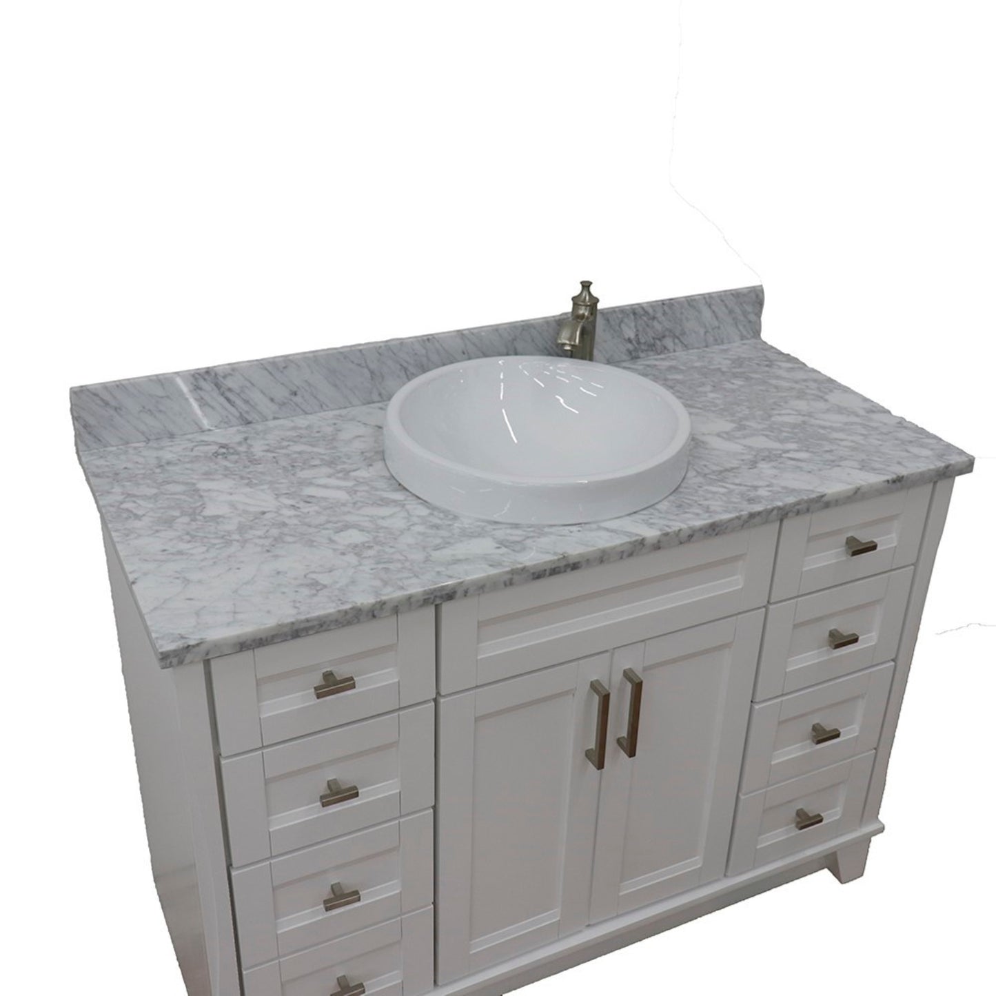 49" Single sink vanity in White finish with White Carrara marble and round sink
