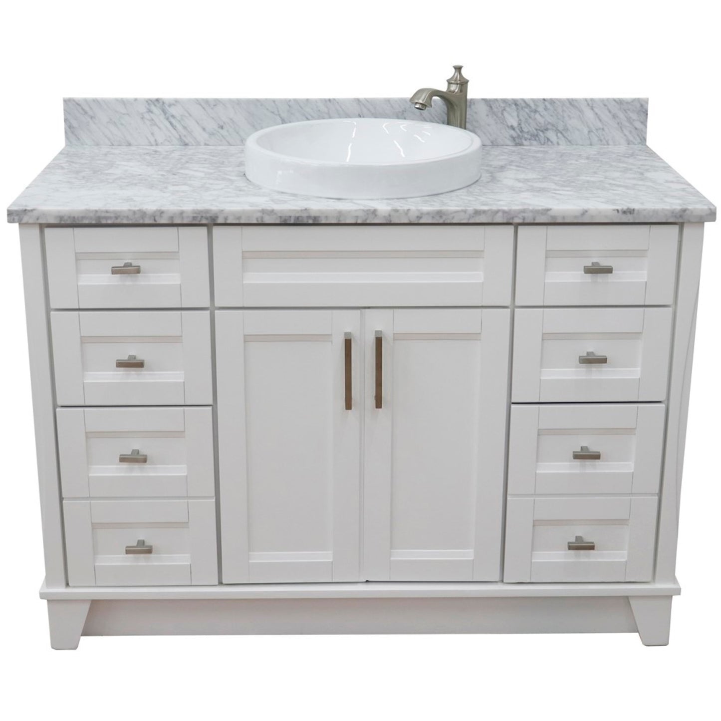 49" Single sink vanity in White finish with White Carrara marble and round sink