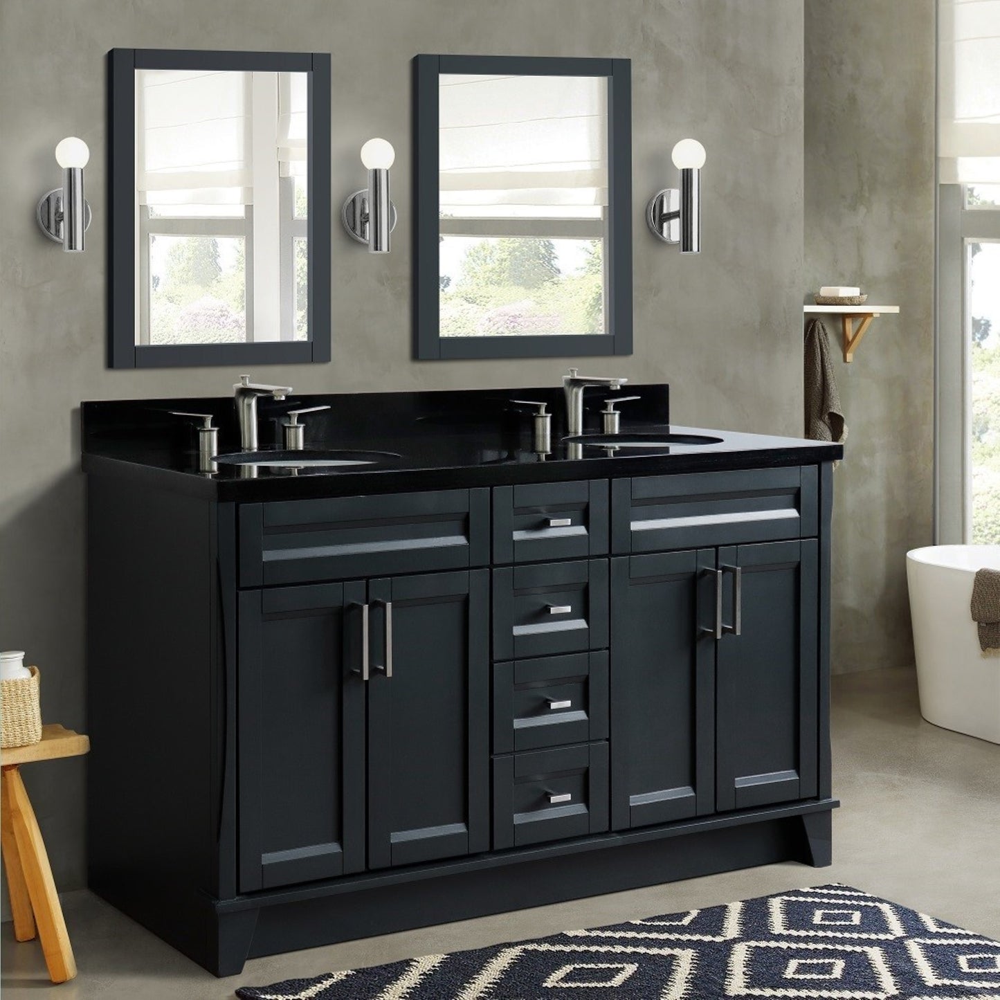61" Double sink vanity in Dark Gray finish and Black galaxy granite and oval sink