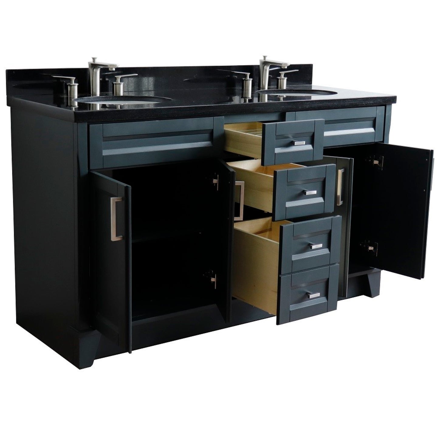 61" Double sink vanity in Dark Gray finish and Black galaxy granite and oval sink