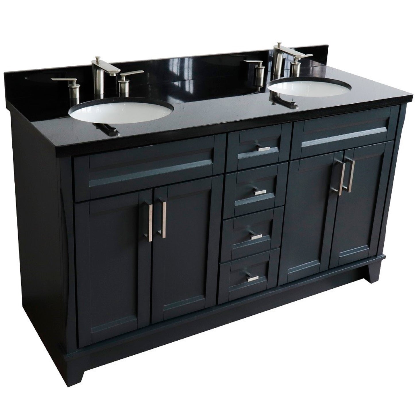 61" Double sink vanity in Dark Gray finish and Black galaxy granite and oval sink