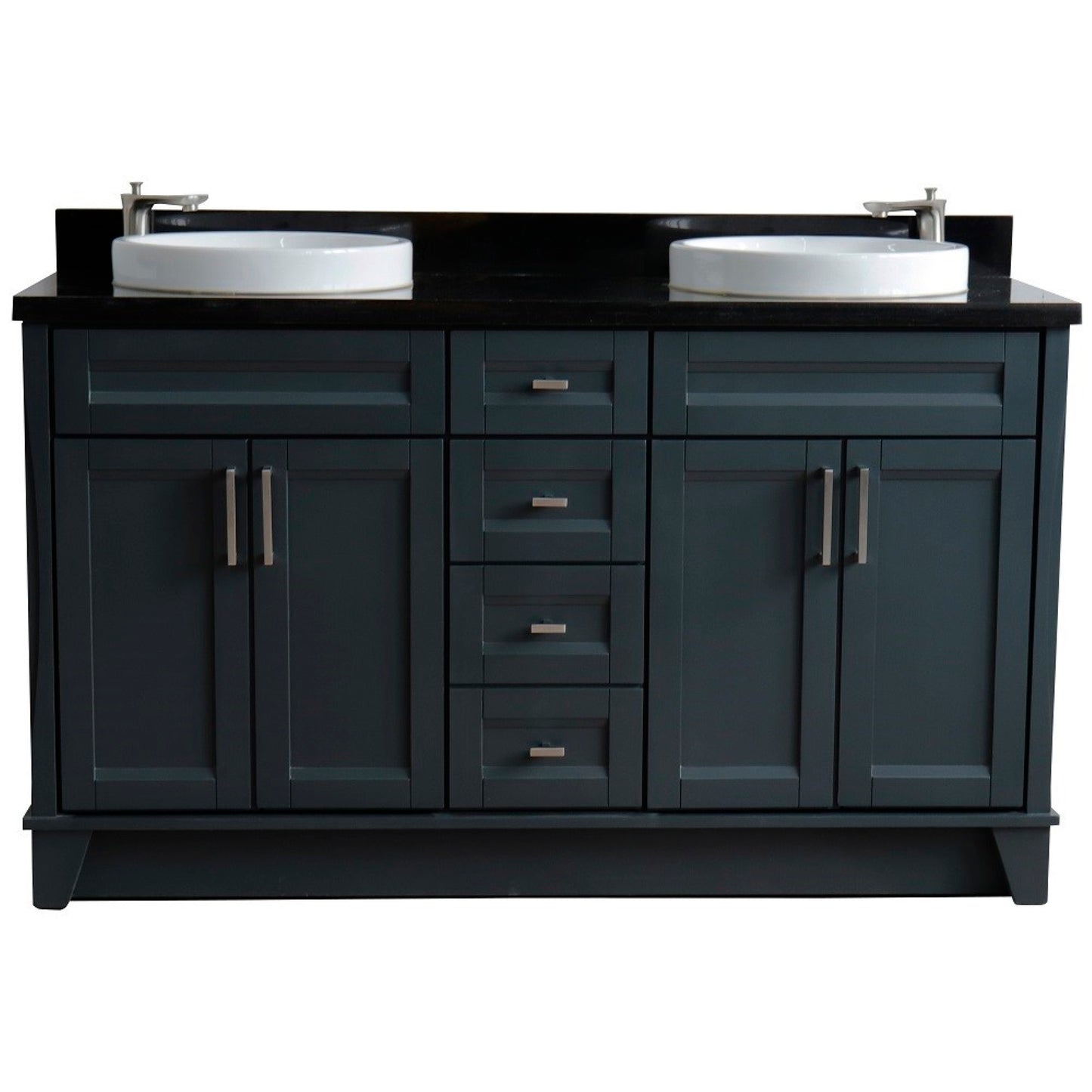61" Double sink vanity in Dark Gray finish and Black galaxy granite and round sink