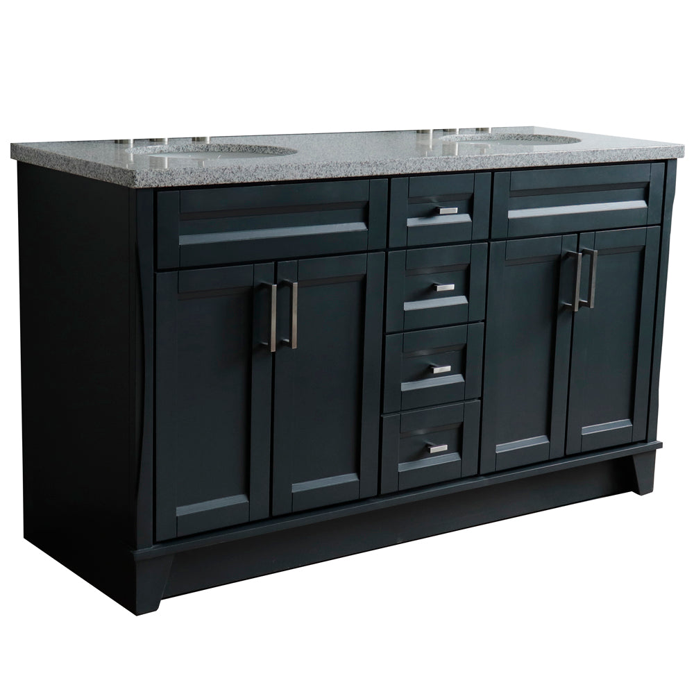 61" Double sink vanity in Dark Gray finish and Gray granite and oval sink