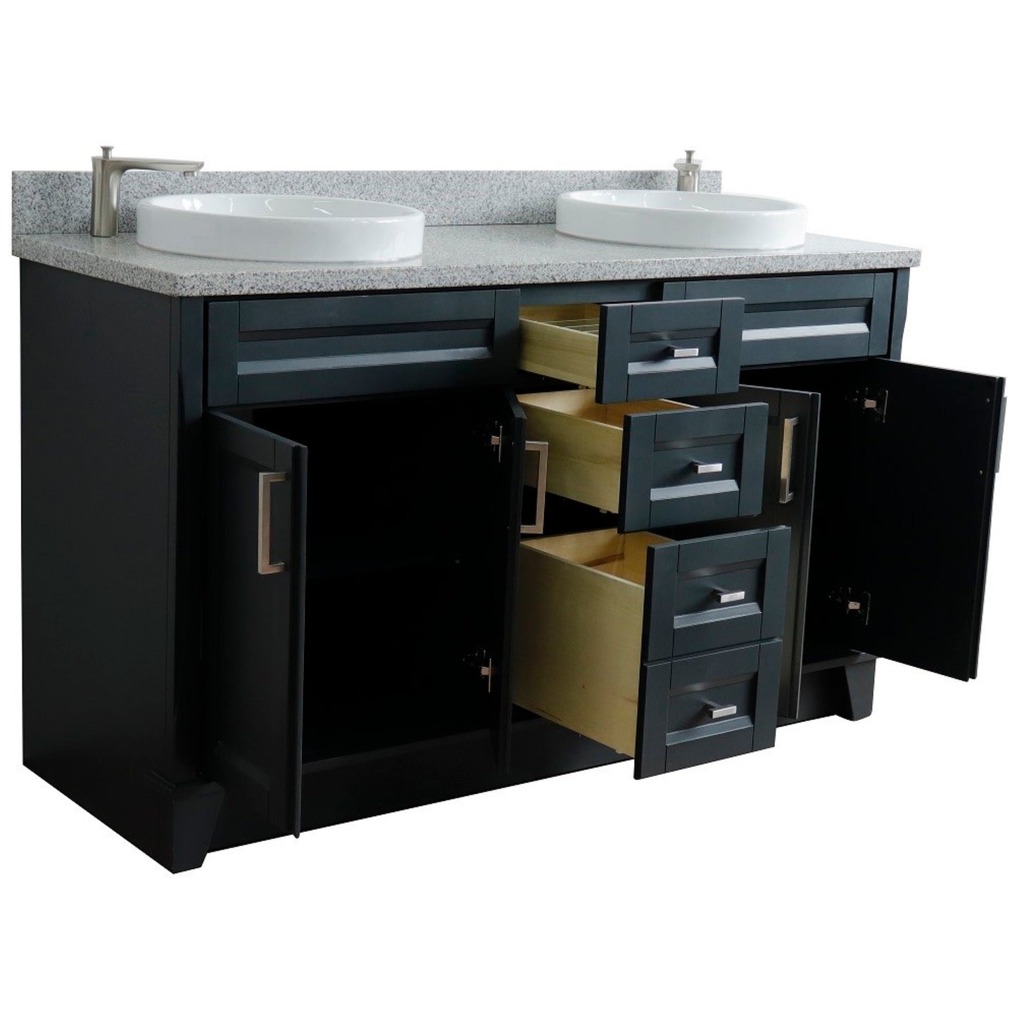 61" Double sink vanity in Dark Gray finish and Gray granite and round sink