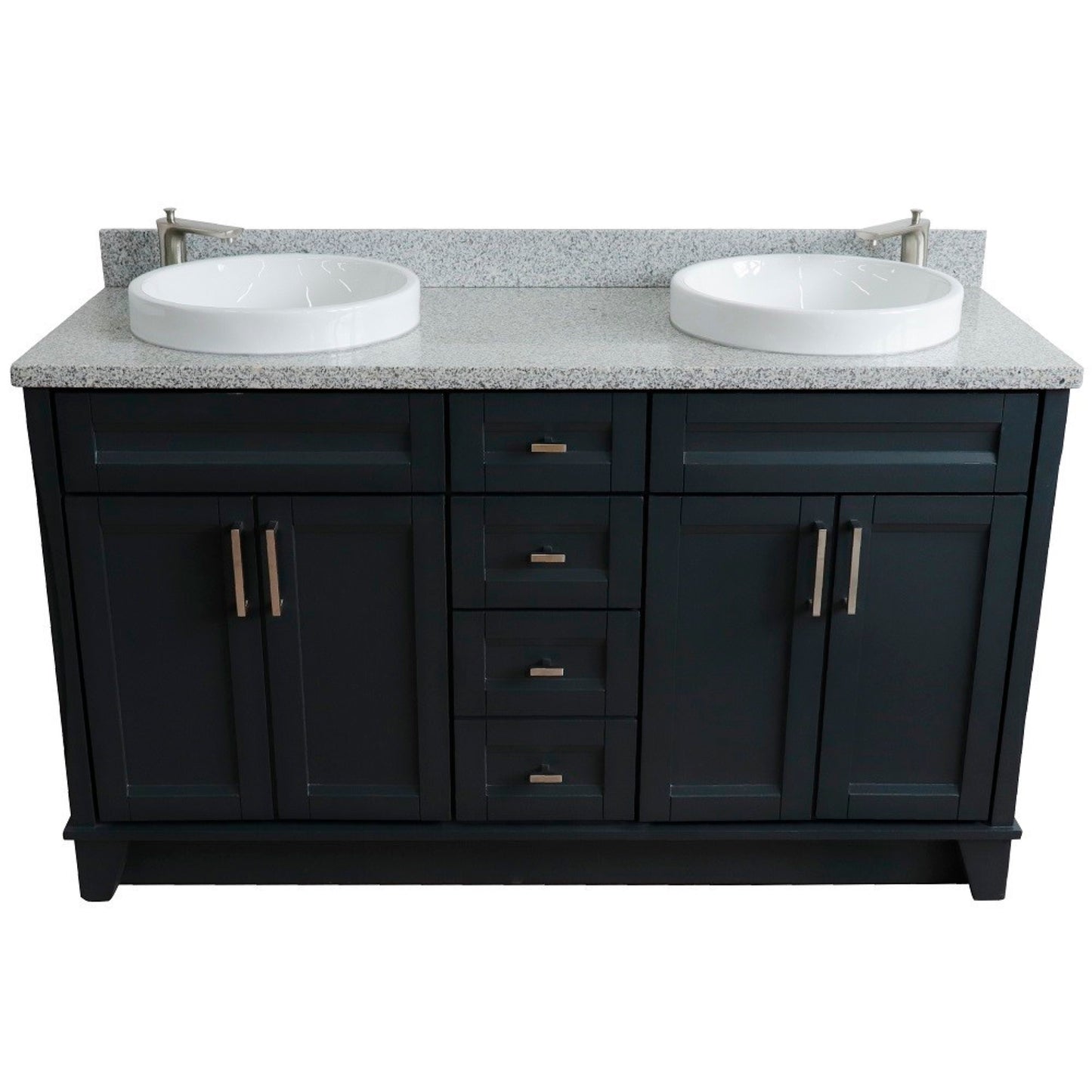 61" Double sink vanity in Dark Gray finish and Gray granite and round sink
