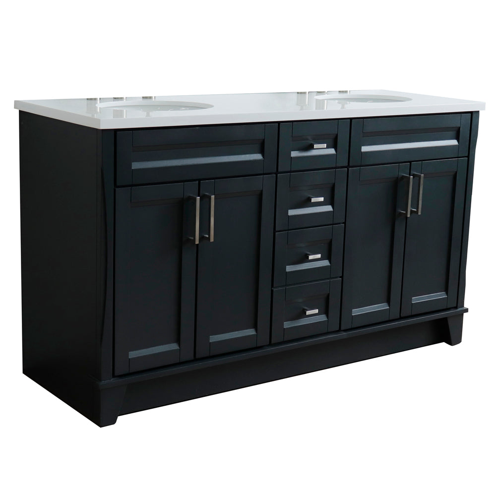 61" Double sink vanity in Dark Gray finish and White engineered stone and oval sink