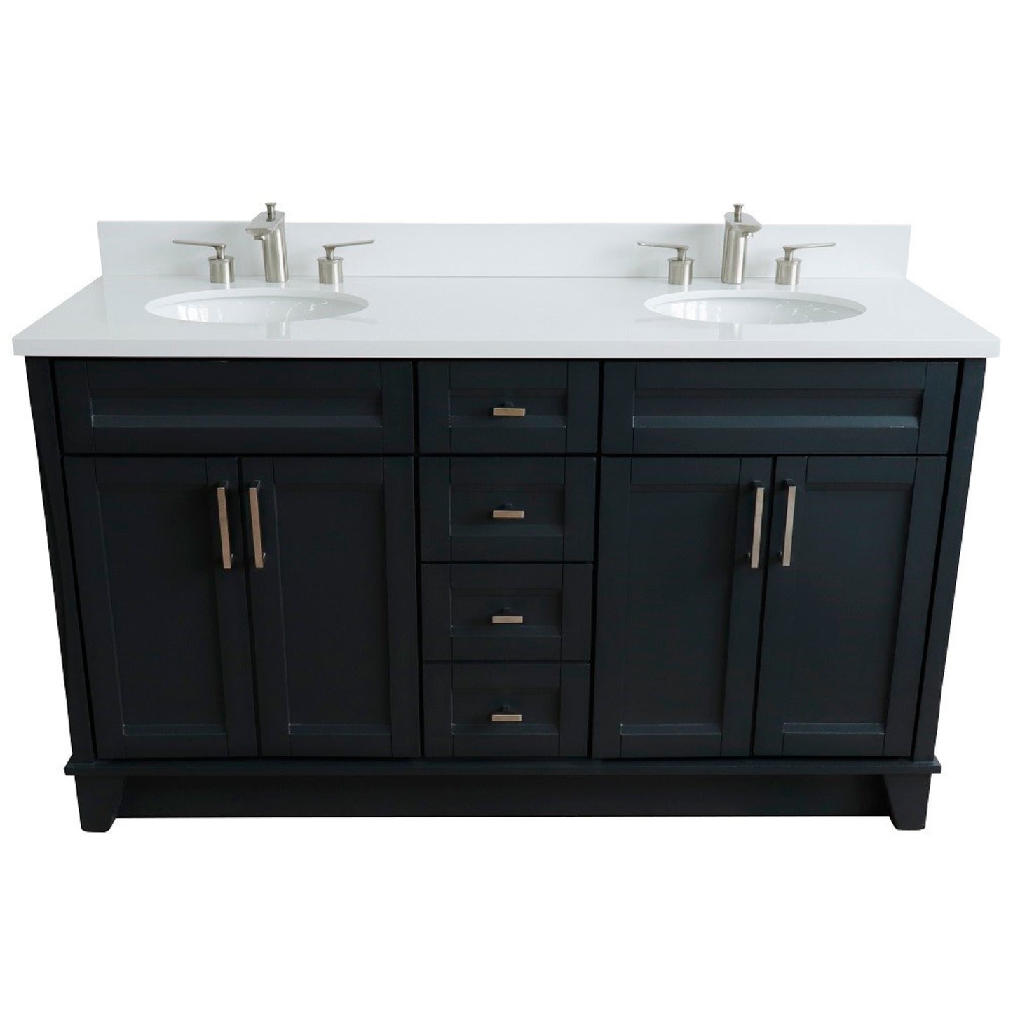 61" Double sink vanity in Dark Gray finish and White engineered stone and oval sink