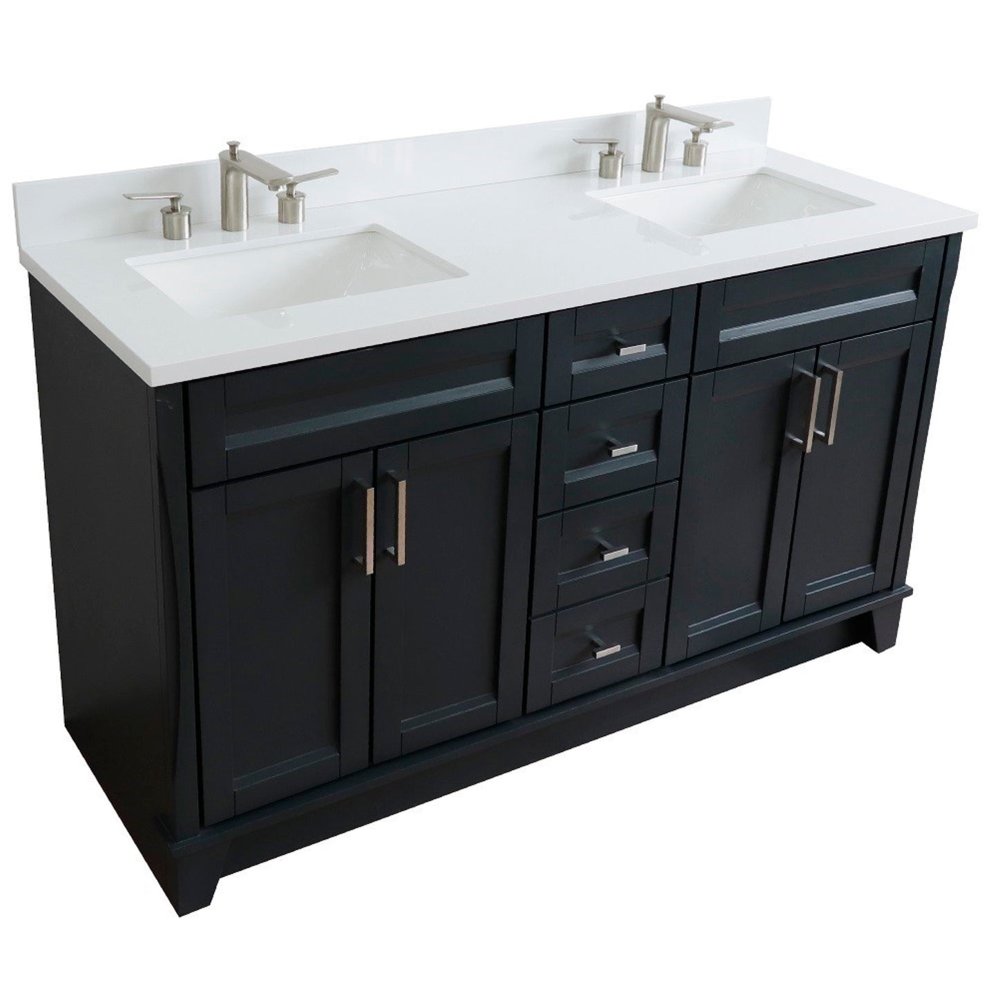 61" Double sink vanity in Dark Gray finish and White engineered stone and rectangle sink