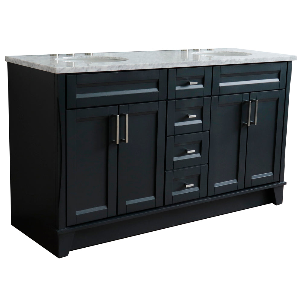 61" Double sink vanity in Dark Gray finish and White Carrara marble and oval sink