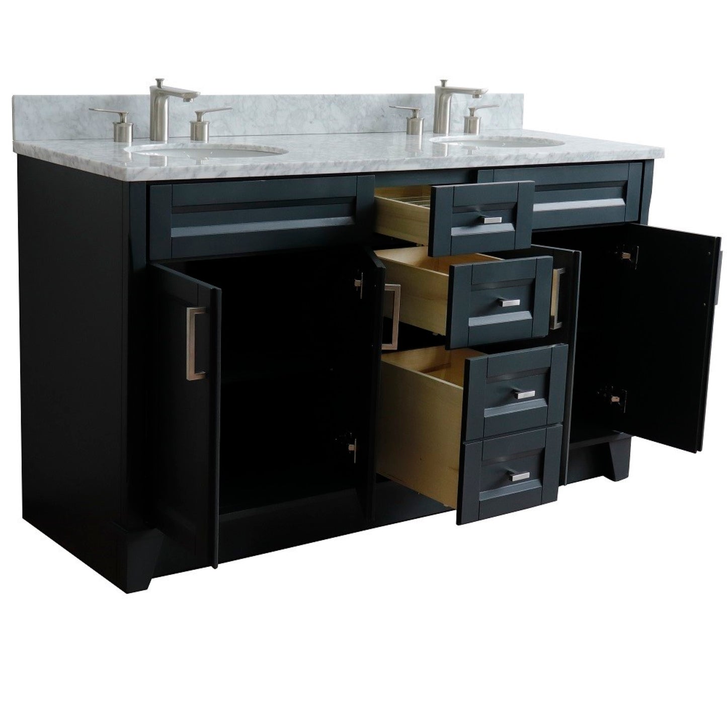 61" Double sink vanity in Dark Gray finish and White Carrara marble and oval sink