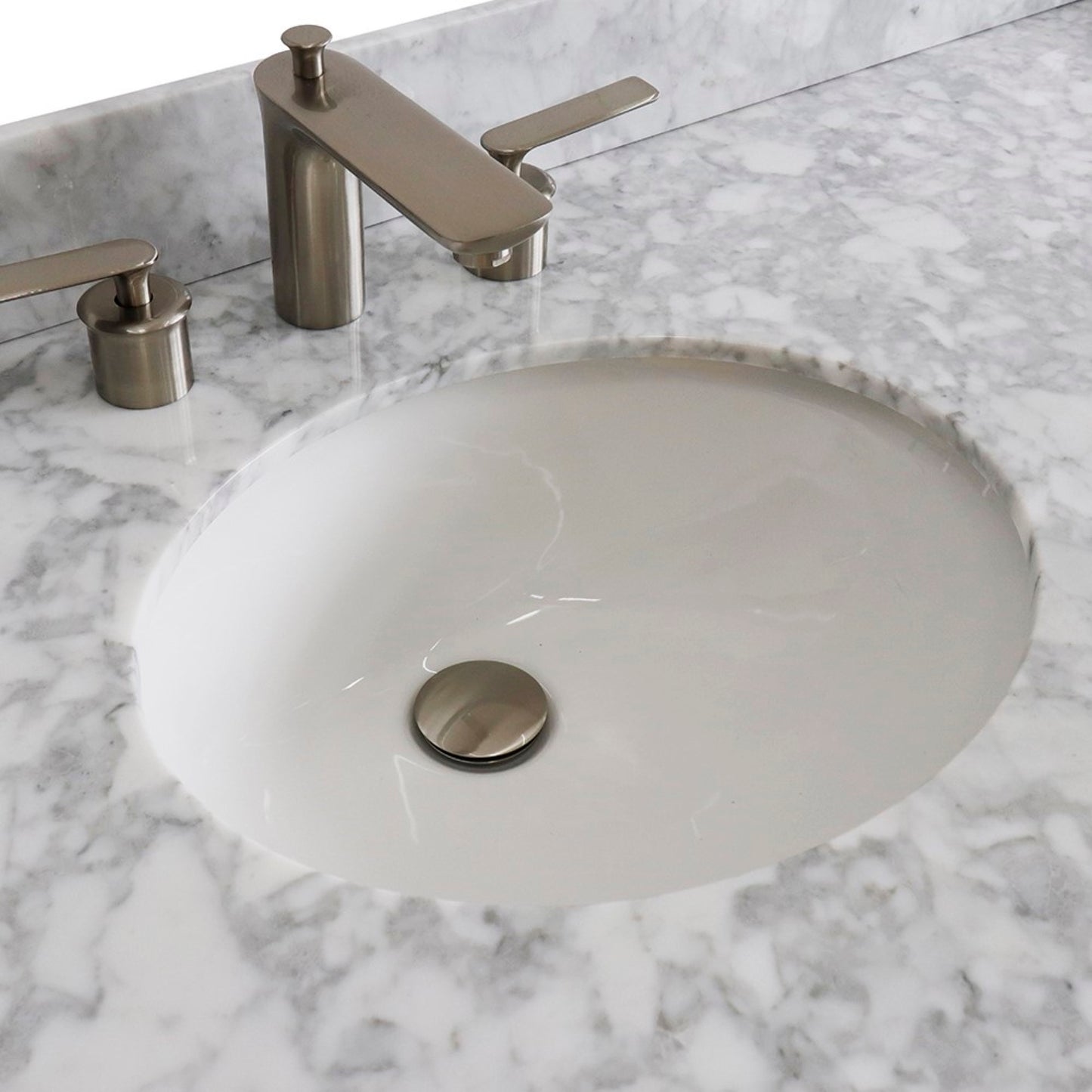 61" Double sink vanity in Dark Gray finish and White Carrara marble and oval sink