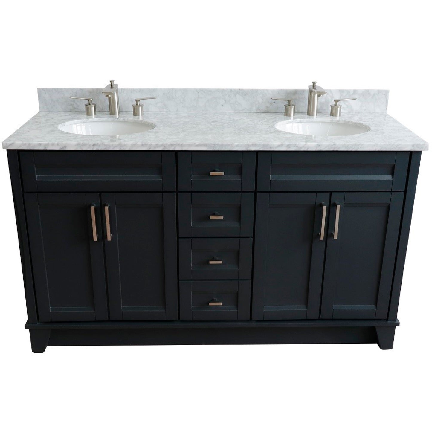 61" Double sink vanity in Dark Gray finish and White Carrara marble and oval sink