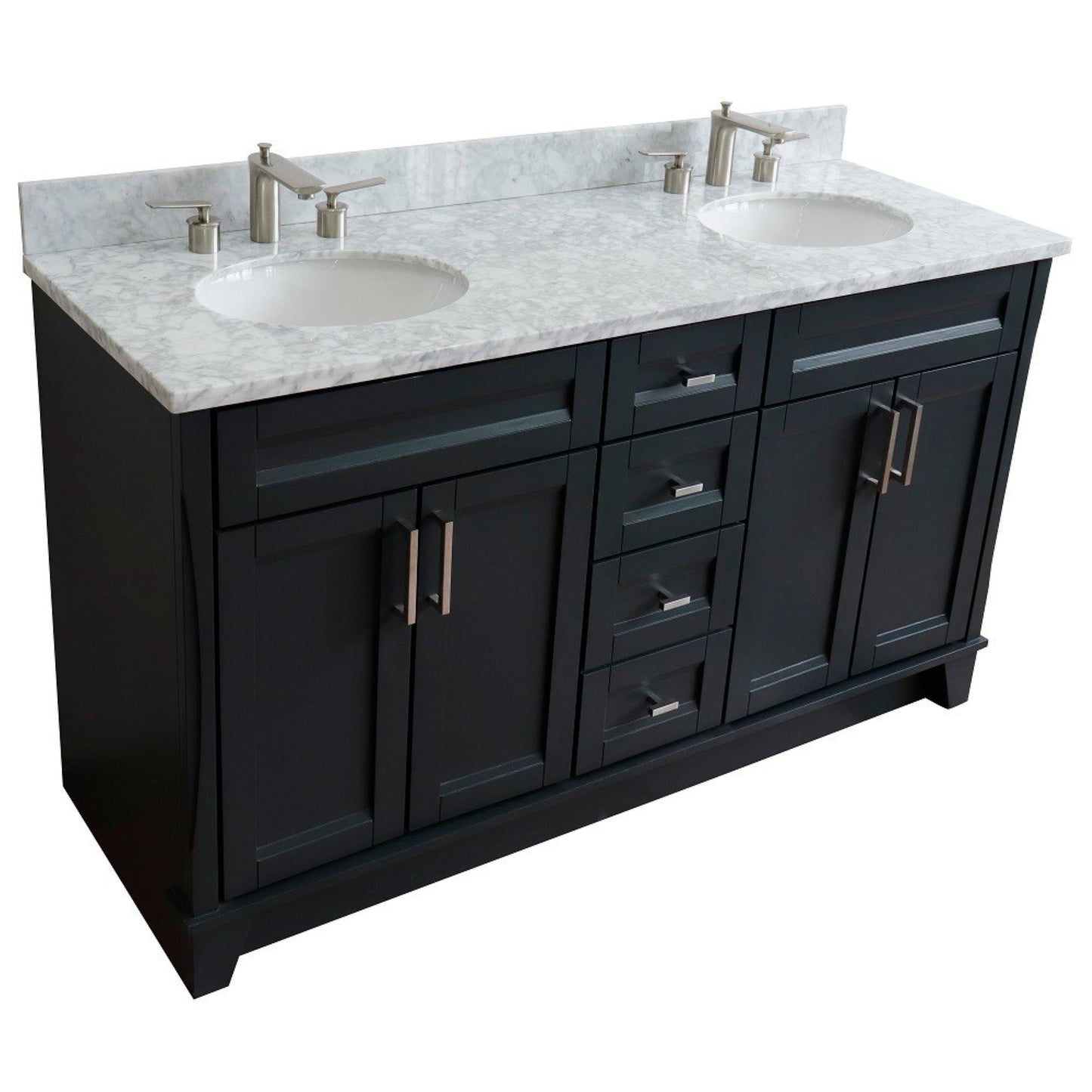 61" Double sink vanity in Dark Gray finish and White Carrara marble and oval sink