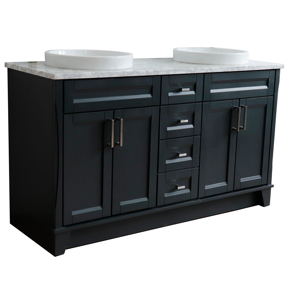 61" Double sink vanity in Dark Gray finish and White Carrara marble and round sink
