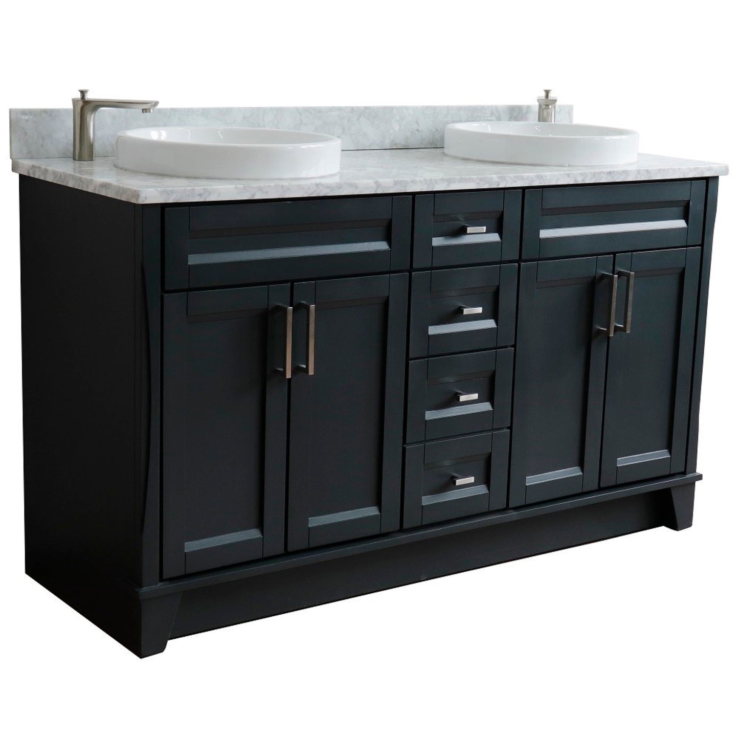 61" Double sink vanity in Dark Gray finish and White Carrara marble and round sink