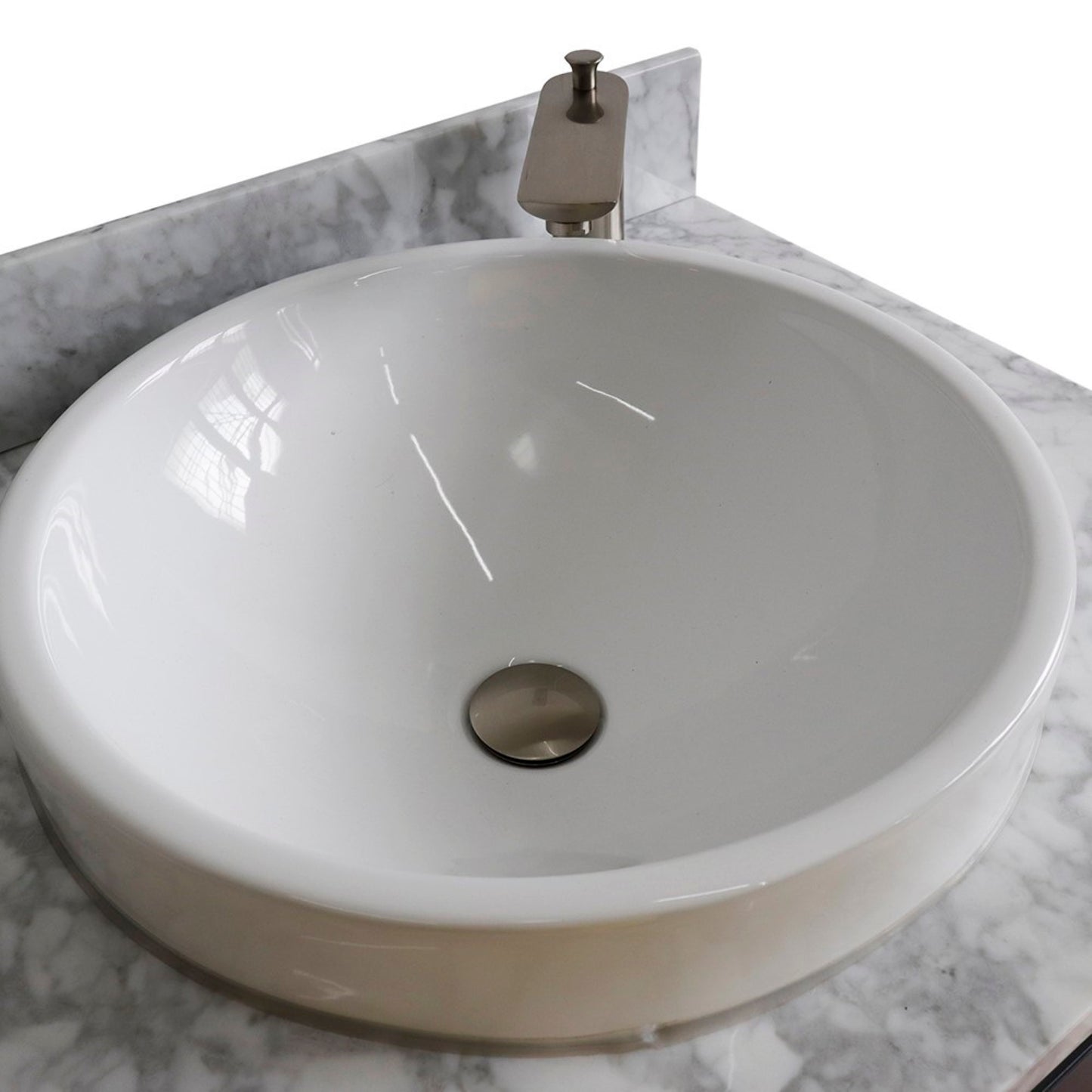 61" Double sink vanity in Dark Gray finish and White Carrara marble and round sink
