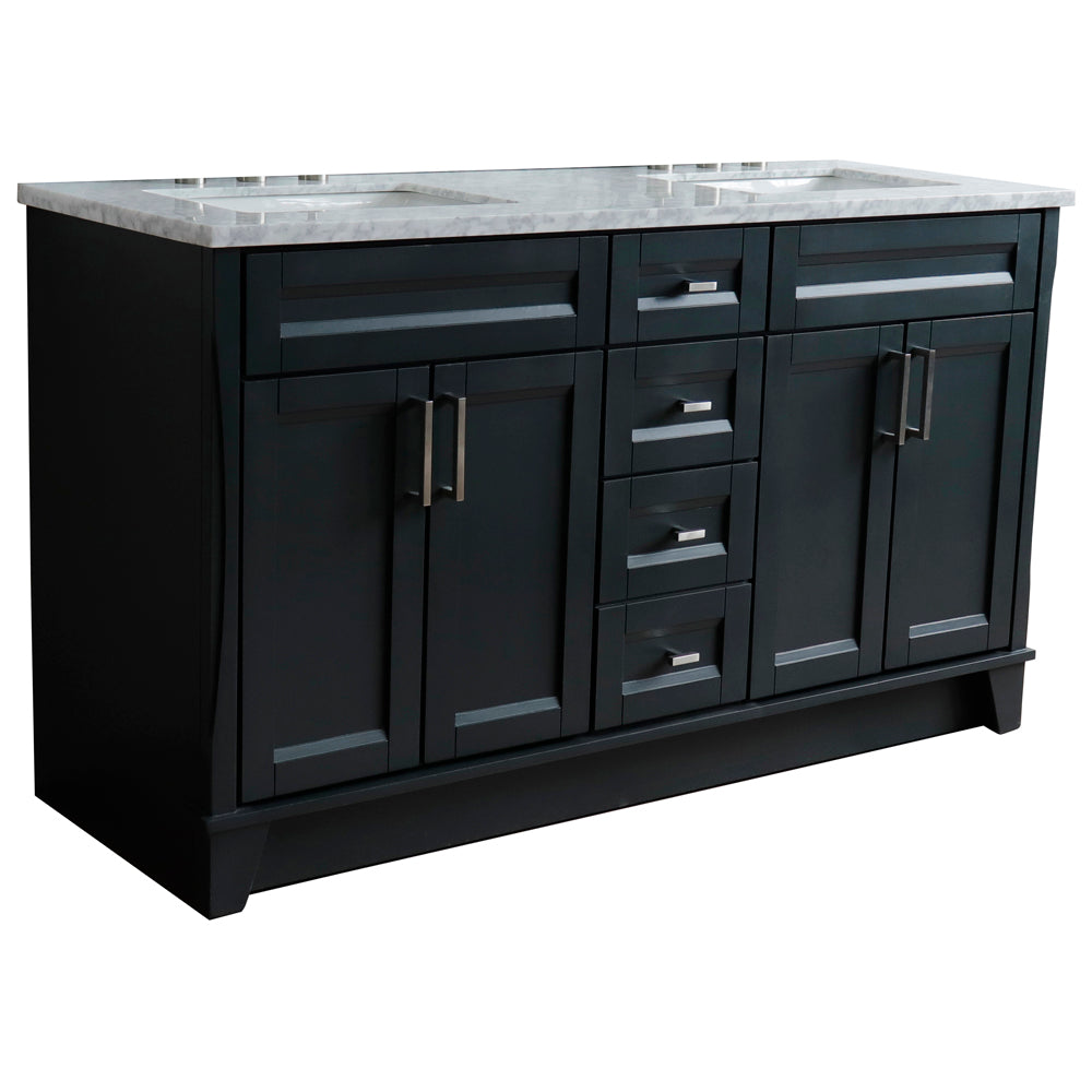 61" Double sink vanity in Dark Gray finish and White Carrara marble and rectangle sink