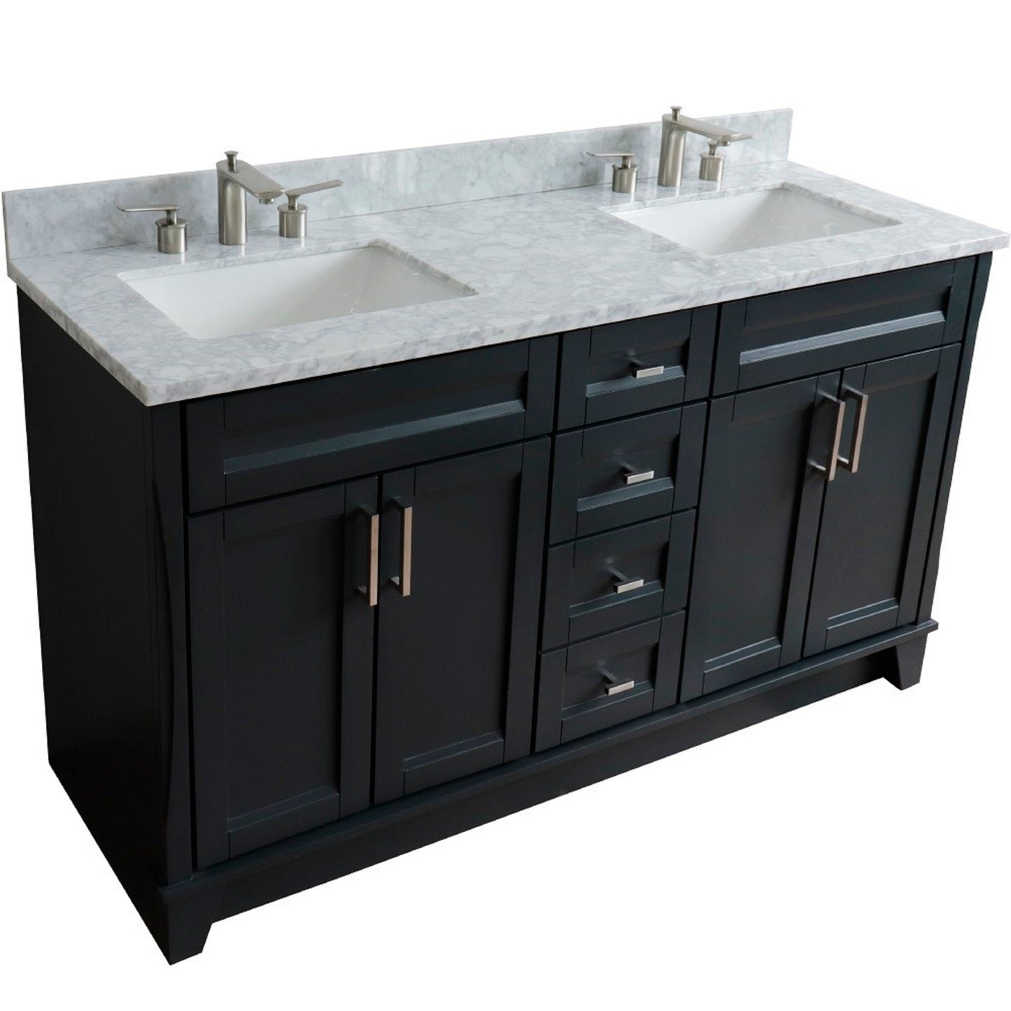 61" Double sink vanity in Dark Gray finish and White Carrara marble and rectangle sink