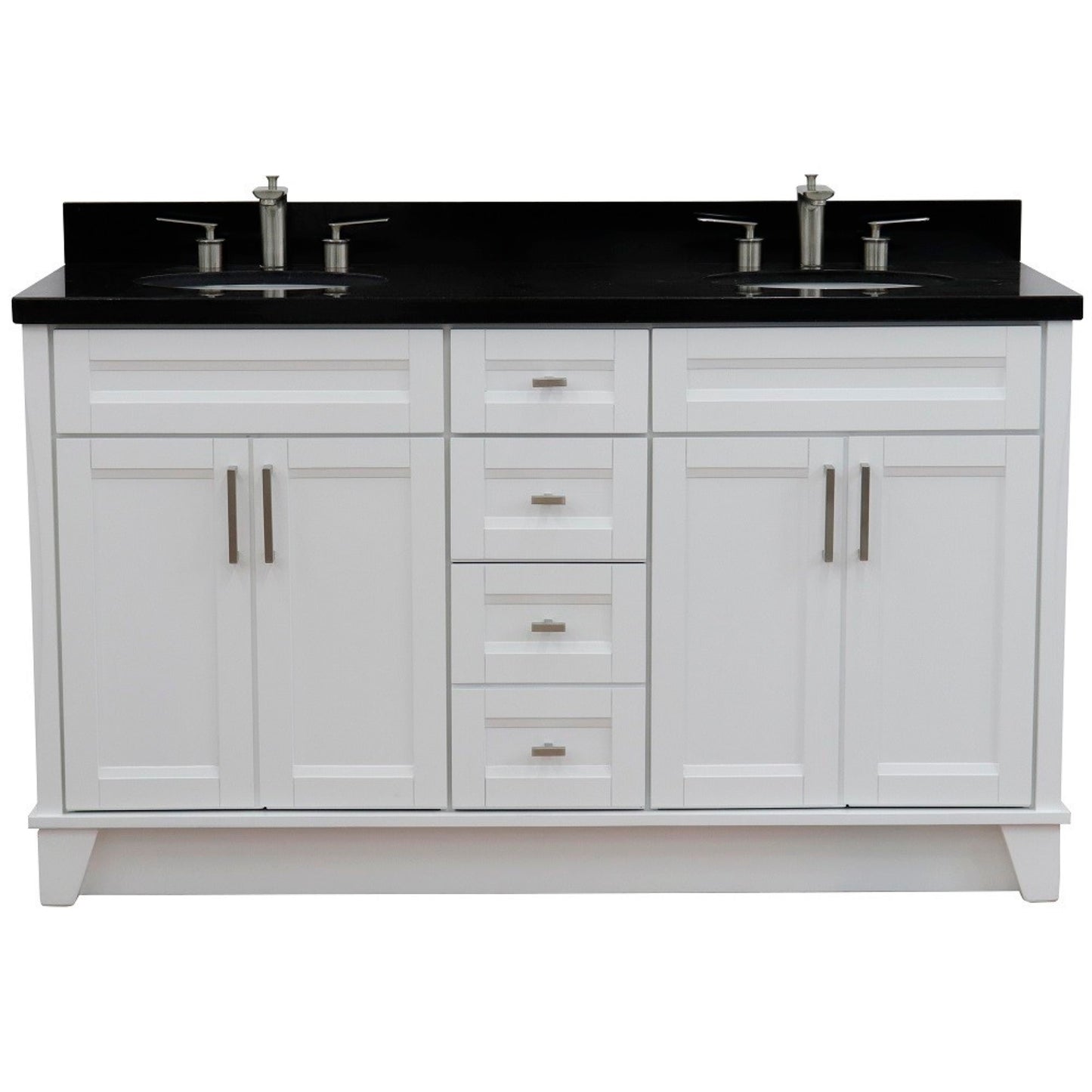 61" Double sink vanity in White finish and Black galaxy granite and oval sink