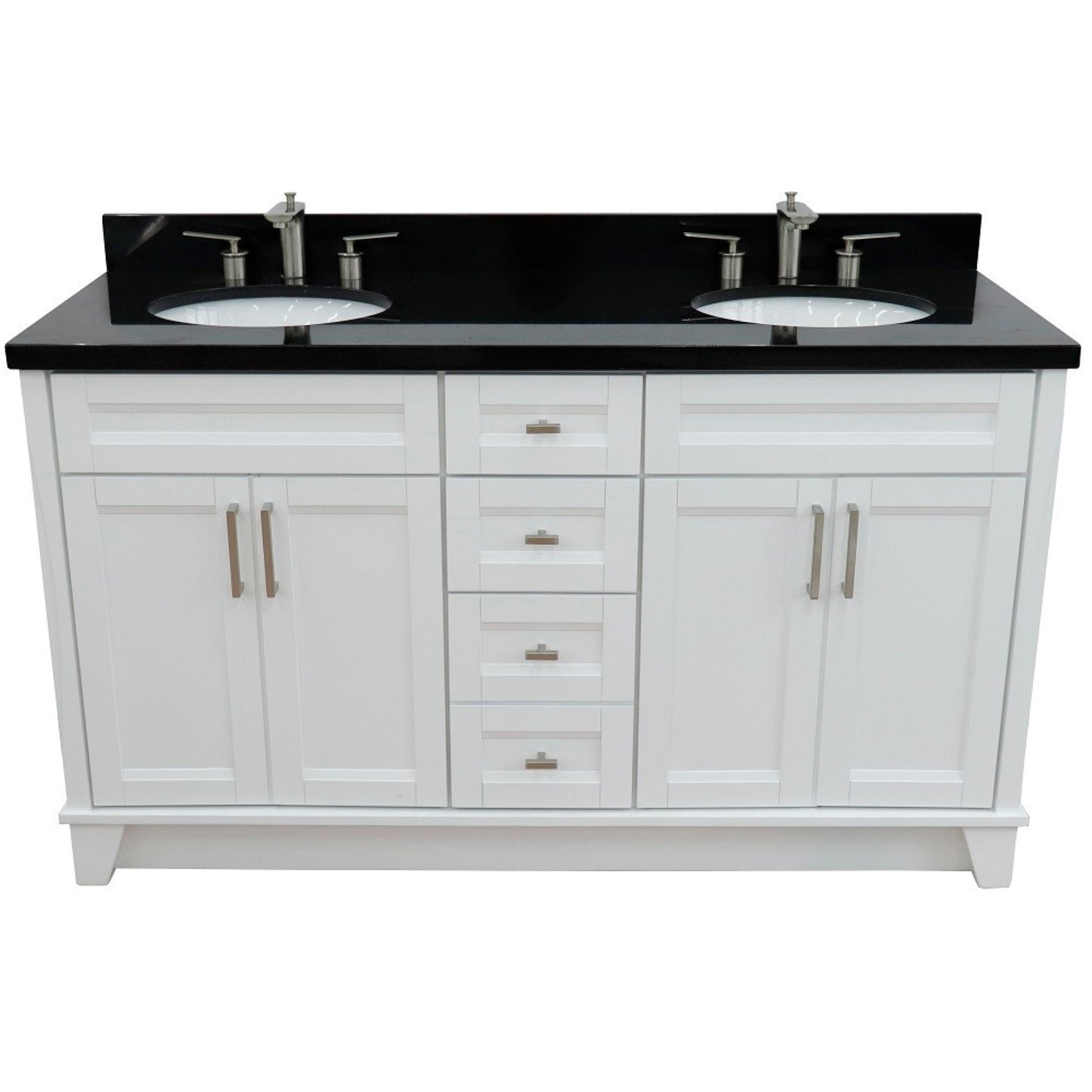 61" Double sink vanity in White finish and Black galaxy granite and oval sink