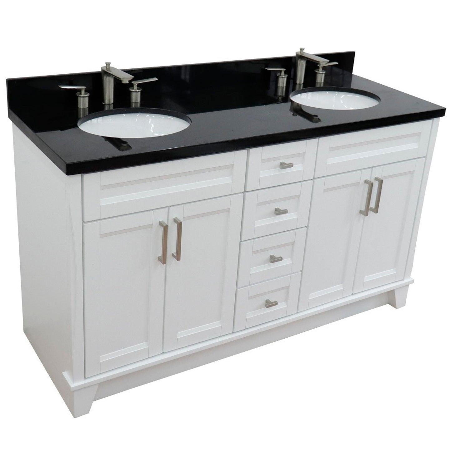61" Double sink vanity in White finish and Black galaxy granite and oval sink
