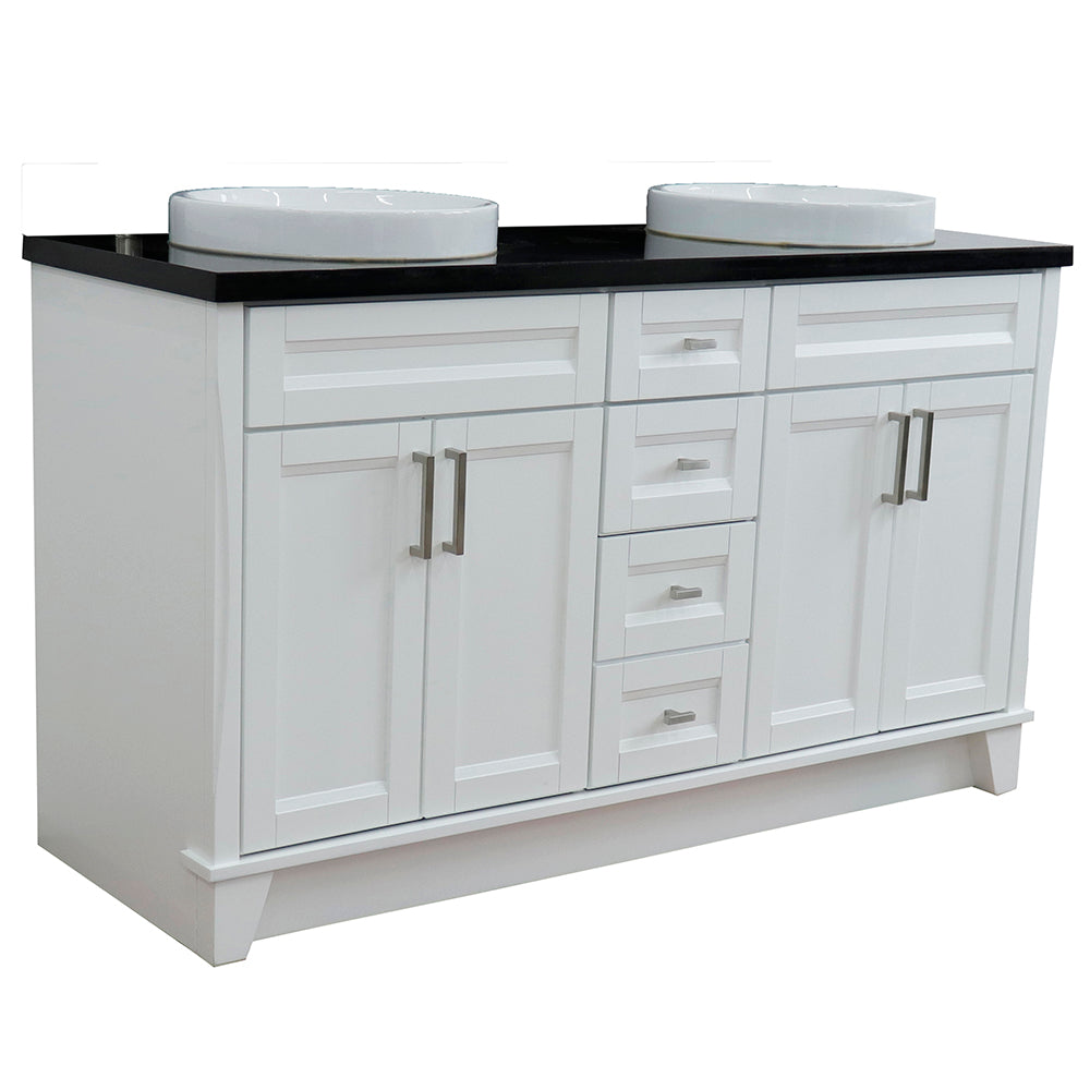 61" Double sink vanity in White finish and Black galaxy granite and round sink