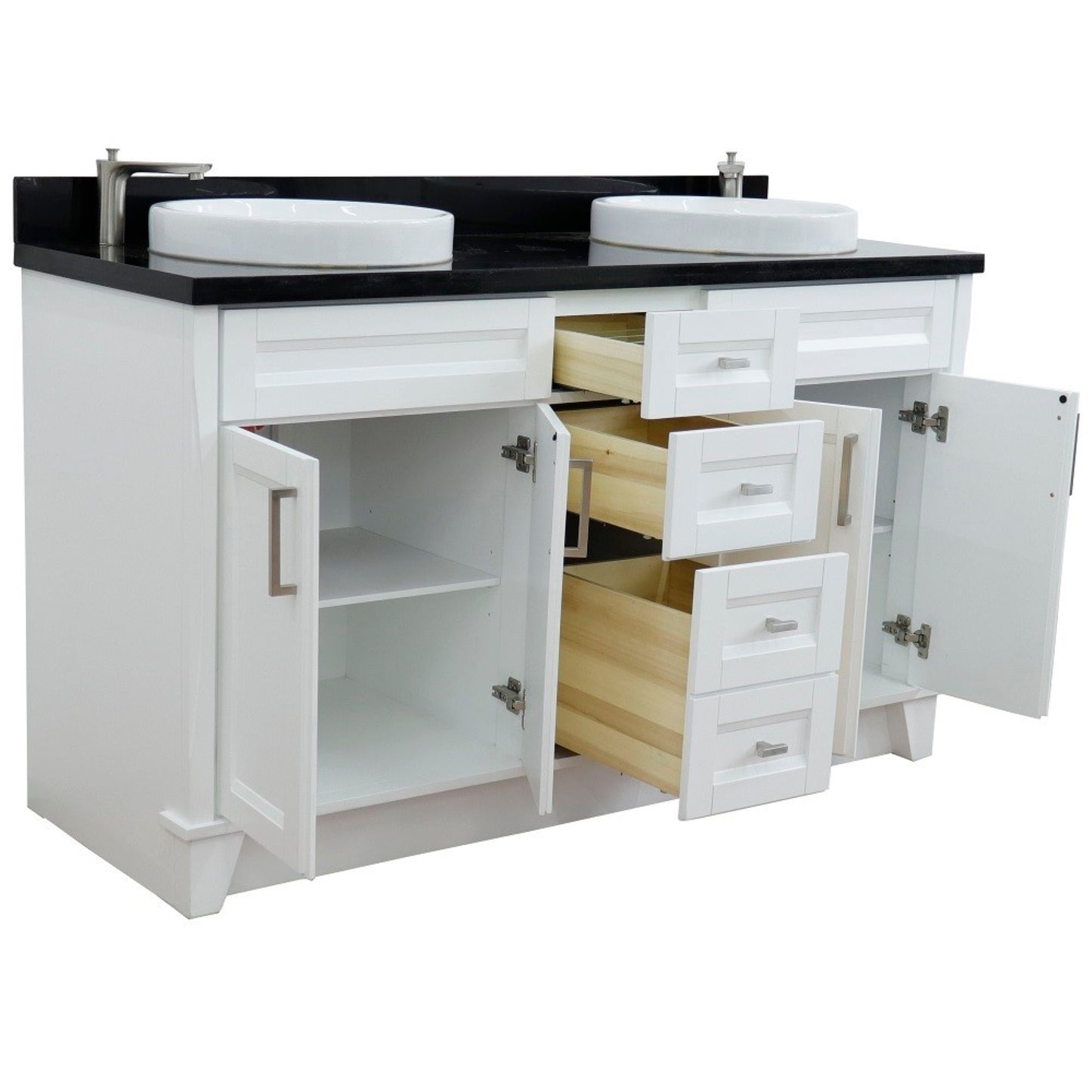61" Double sink vanity in White finish and Black galaxy granite and round sink