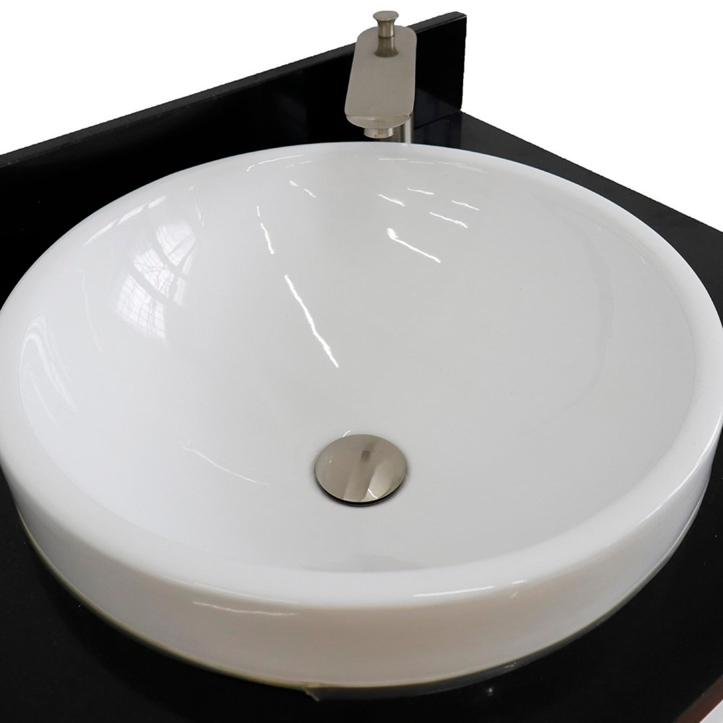 61" Double sink vanity in White finish and Black galaxy granite and round sink