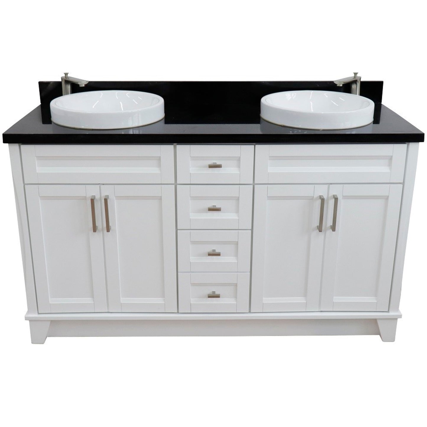 61" Double sink vanity in White finish and Black galaxy granite and round sink