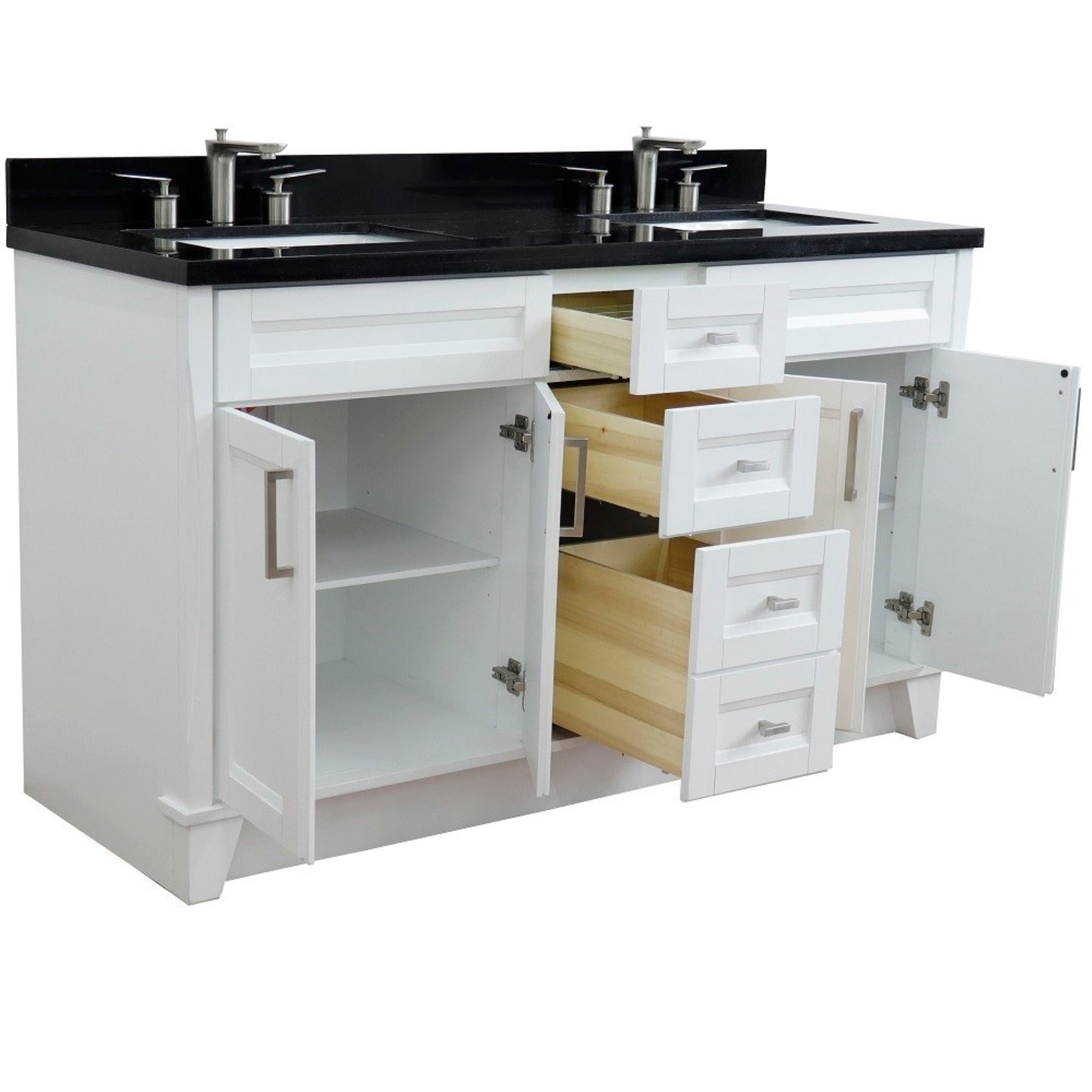 61" Double sink vanity in White finish and Black galaxy granite and rectangle sink