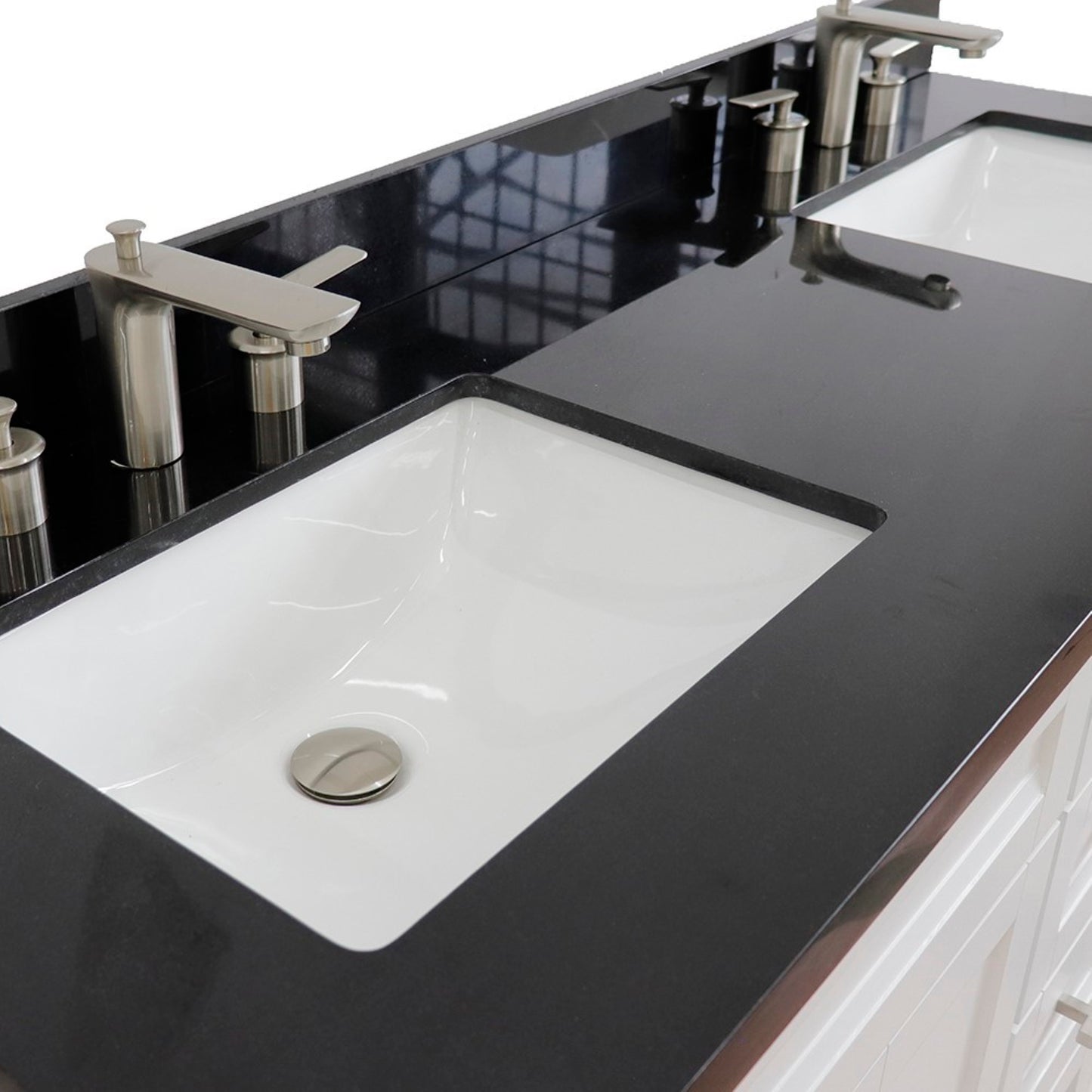 61" Double sink vanity in White finish and Black galaxy granite and rectangle sink