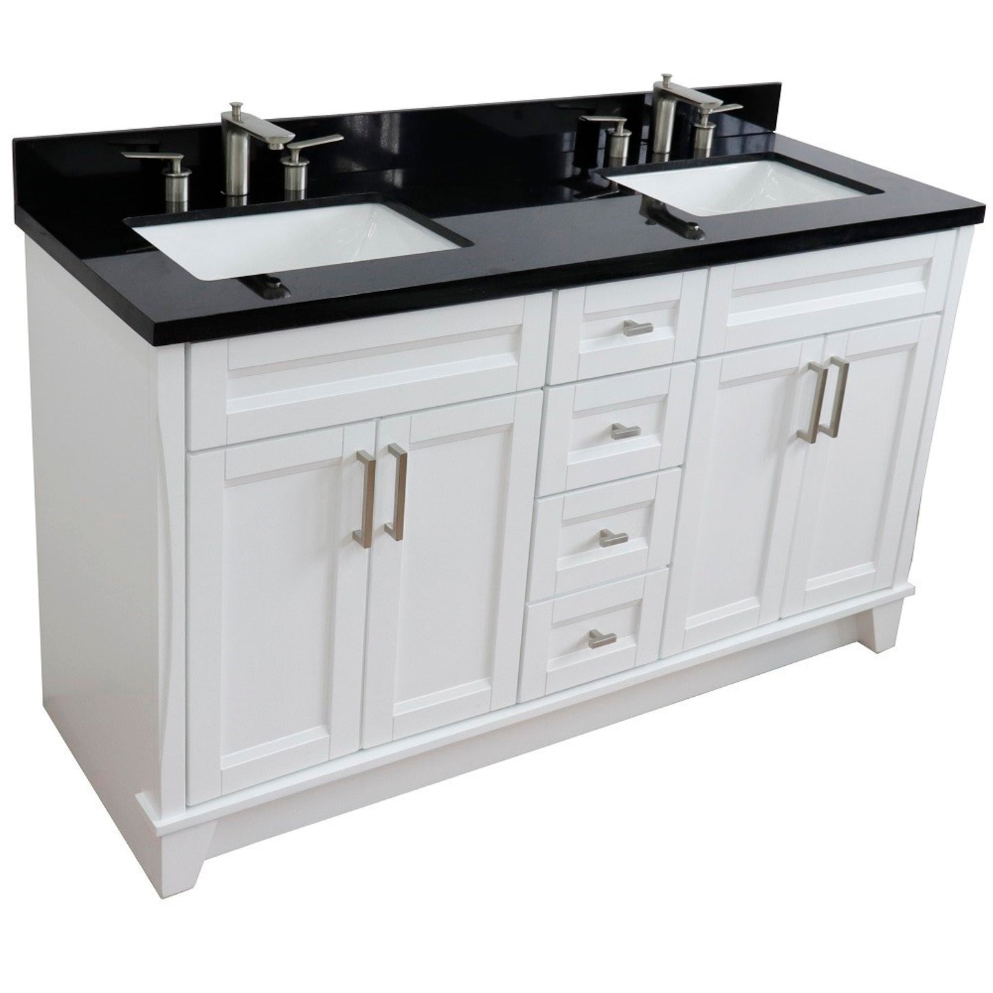61" Double sink vanity in White finish and Black galaxy granite and rectangle sink