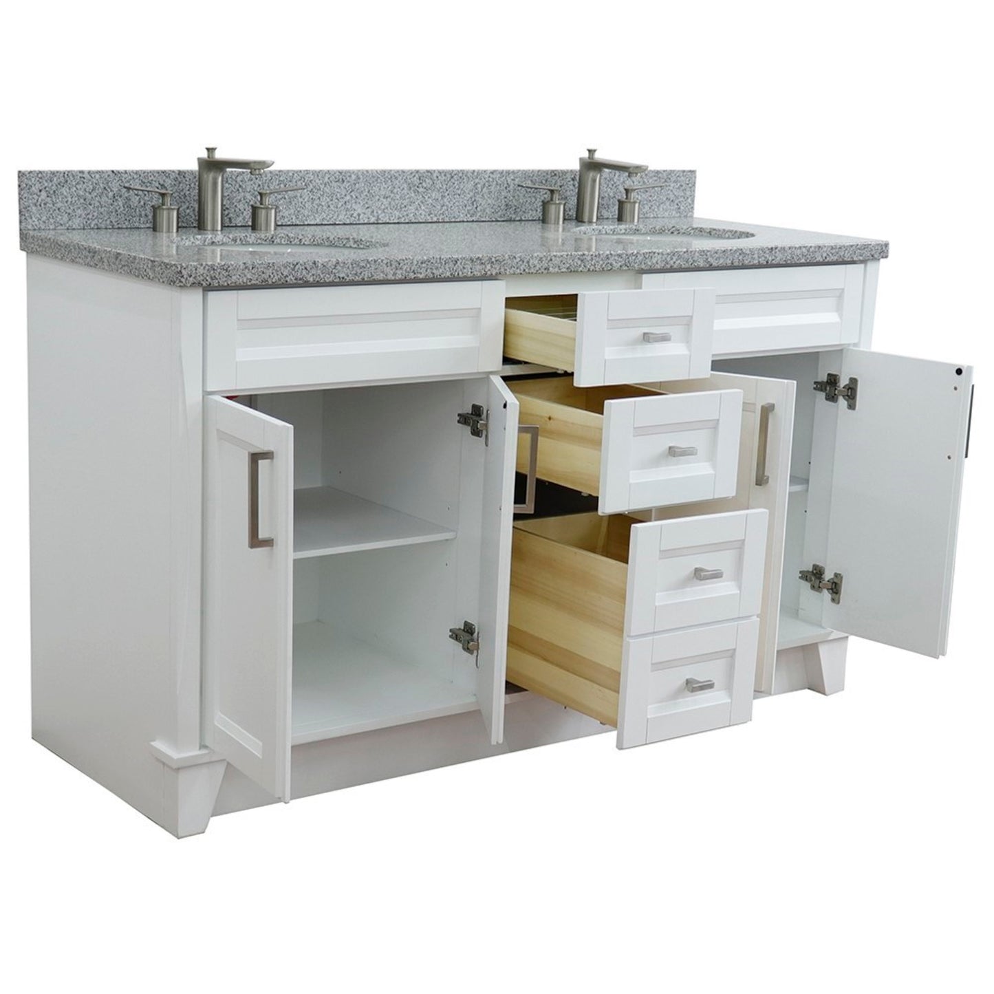 61" Double sink vanity in White finish and Gray granite and oval sink