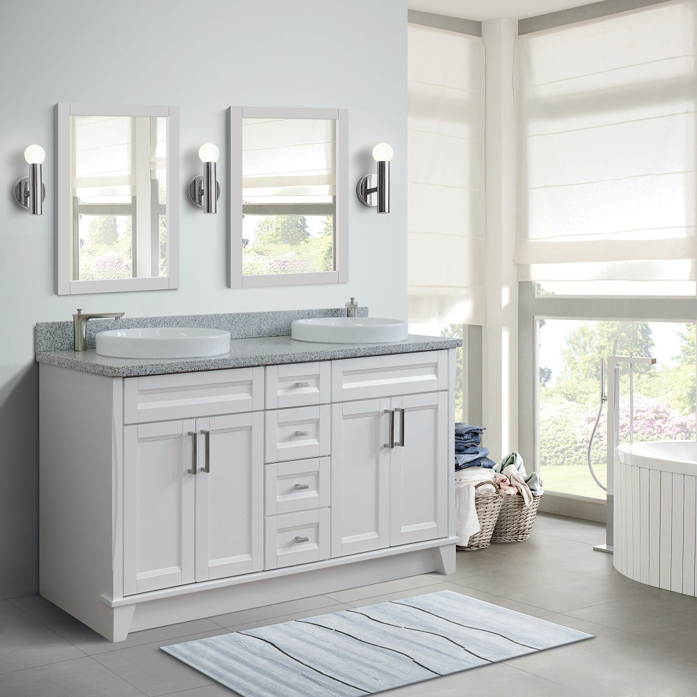 61" Double sink vanity in White finish and Gray granite and round sink