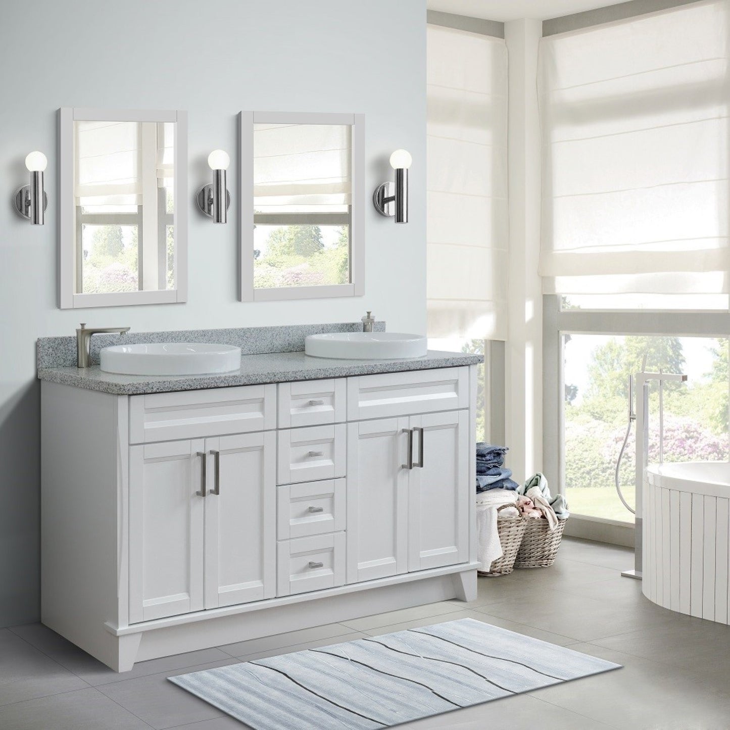 61" Double sink vanity in White finish and Gray granite and round sink