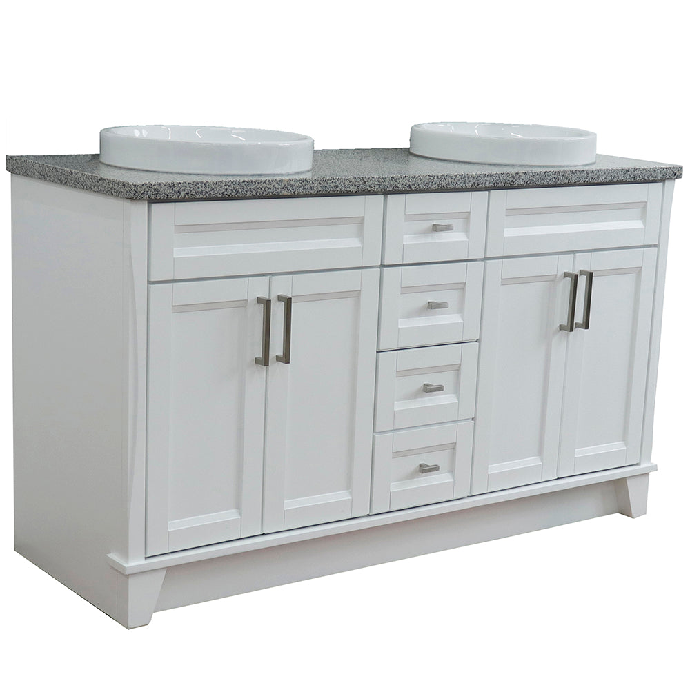 61" Double sink vanity in White finish and Gray granite and round sink