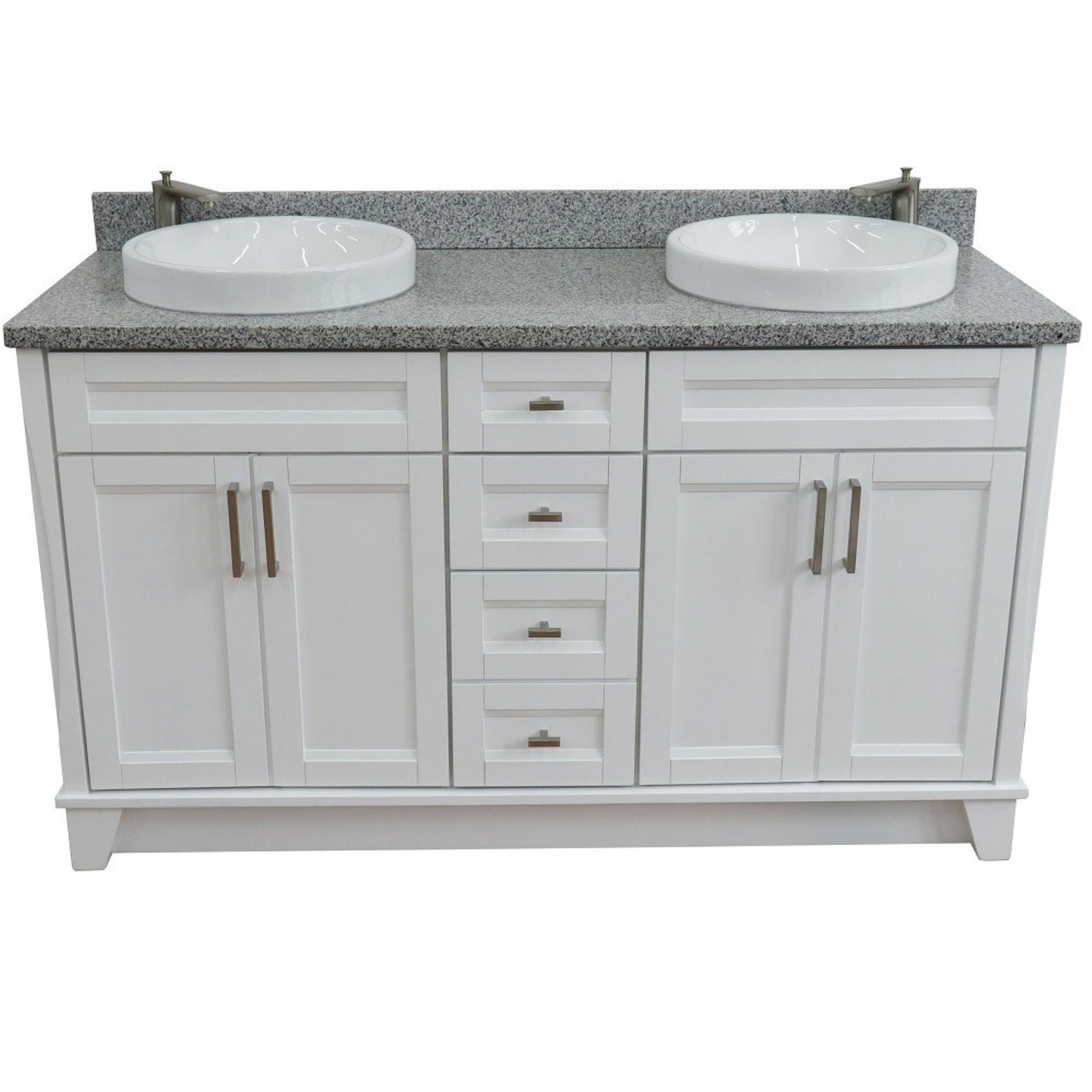 61" Double sink vanity in White finish and Gray granite and round sink